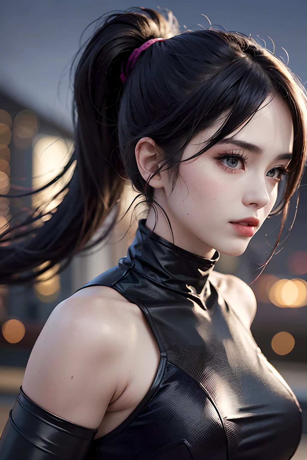 (Best Quality,4k,8K,hight resolution,Masterpiece:1.2),Ultra-detailed,(Realistic,Photorealistic,photo-realistic:1.37),Ninja Girl, KUNOICHI, (beatiful face: 1.5), (The hair is gathered in two ponytails: 1.3), Detailed facial features, sharp-focus,Professional, Action-packed, (beautiful detail eyes, beautiful detailed lips: 1.3), athletic, graceful, black outfit, Rising Moonlight, Discreet movement on rooftops, Creating a sense of speed and agility, full moon, Illuminating the Night Sky, Demonstration of the beauty and strength of a ninja girl, in full height, Focus on the whole body.