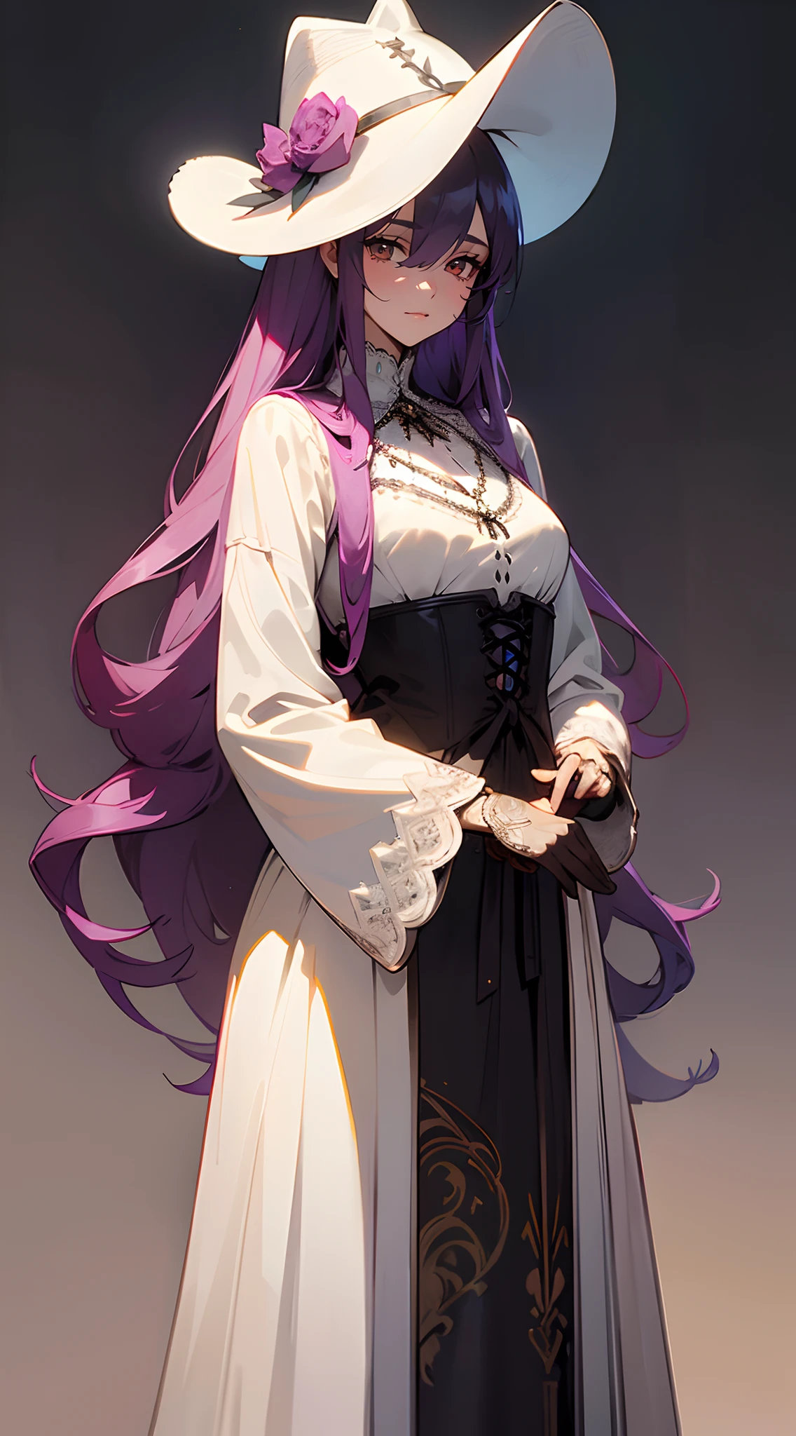 Beautiful woman , very long hair , spiky hair , brown eyes , magenta hair , hair over one eye , age 36
(masterpiece, best quality:1.3),beautiful detailed glow,best illuminate,(((best quality,textile shading,ultra detailed))),extremely detailed CG unity 8k wallpaper,Highly Detailed beautiful and aesthetic,best light,high resolution,detailed,dynamic lighting , 1Character , pastel washed out colors , cell shade , soft, muted shades ,gentle colors ,
She wears a wide-brimmed, pointed hat in deep midnight black, adorned with silver crescent moon and star motifs. Her ensemble includes a flowing, floor-length gown in a rich plum hue, featuring intricate lace detailing, sheer fabric, and a high-low hem, a tailored, silver-embroidered corset with a deep V-neckline, elbow-length gloves are made of sheer, silky material, adorned with lace cuffs and intricate runic patterns, silver crescent moon pendant necklace and a collection of silver bangles,((wide brim hat:1.3))