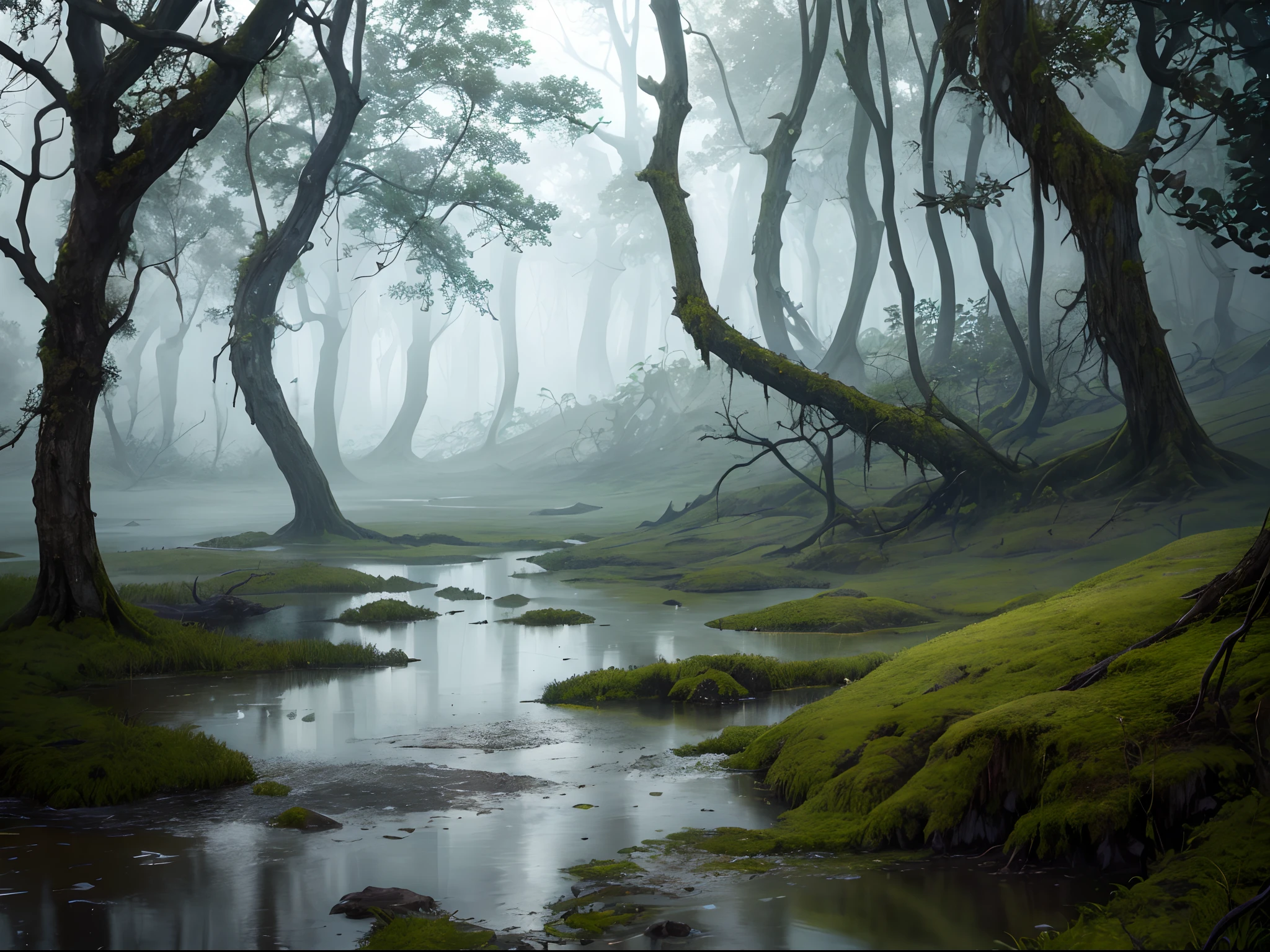 (best quality,4k,8k,highres,masterpiece:1.2),ultra-detailed,(realistic,photorealistic,photo-realistic:1.37), Terrifying swamp zombies, a murky, moss-covered swamp with twisted tree roots emerging from the murky water, a dense fog hanging low over the surface, creating an eerie atmosphere, the stillness broken only by the echoing croak of a distant frog, the air heavy with the scent of damp earth and decaying vegetation, a sense of mystery and intrigue permeating the scene