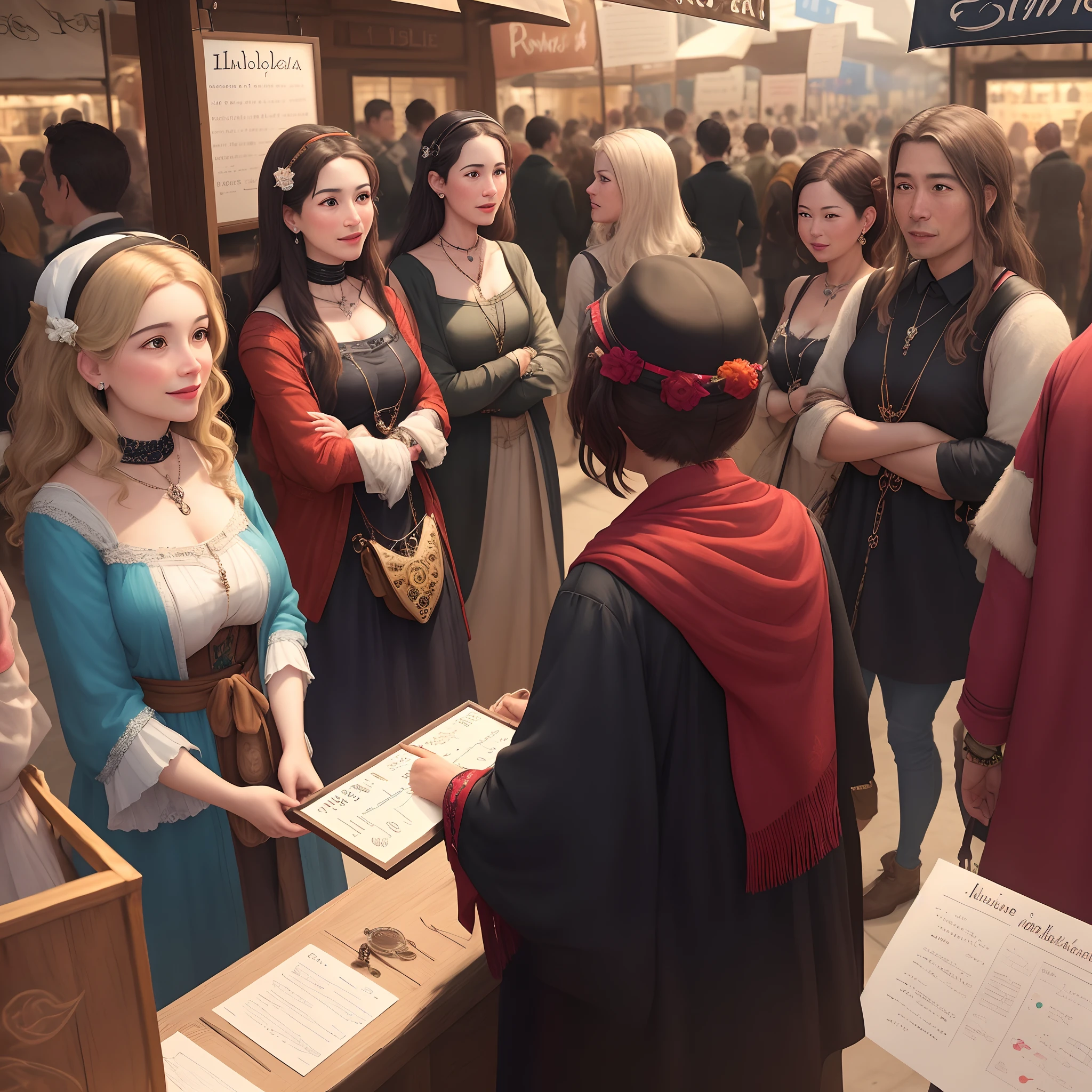 A line of traders from different parts of the world eagerly waiting to see Isabella's unique jewelry.