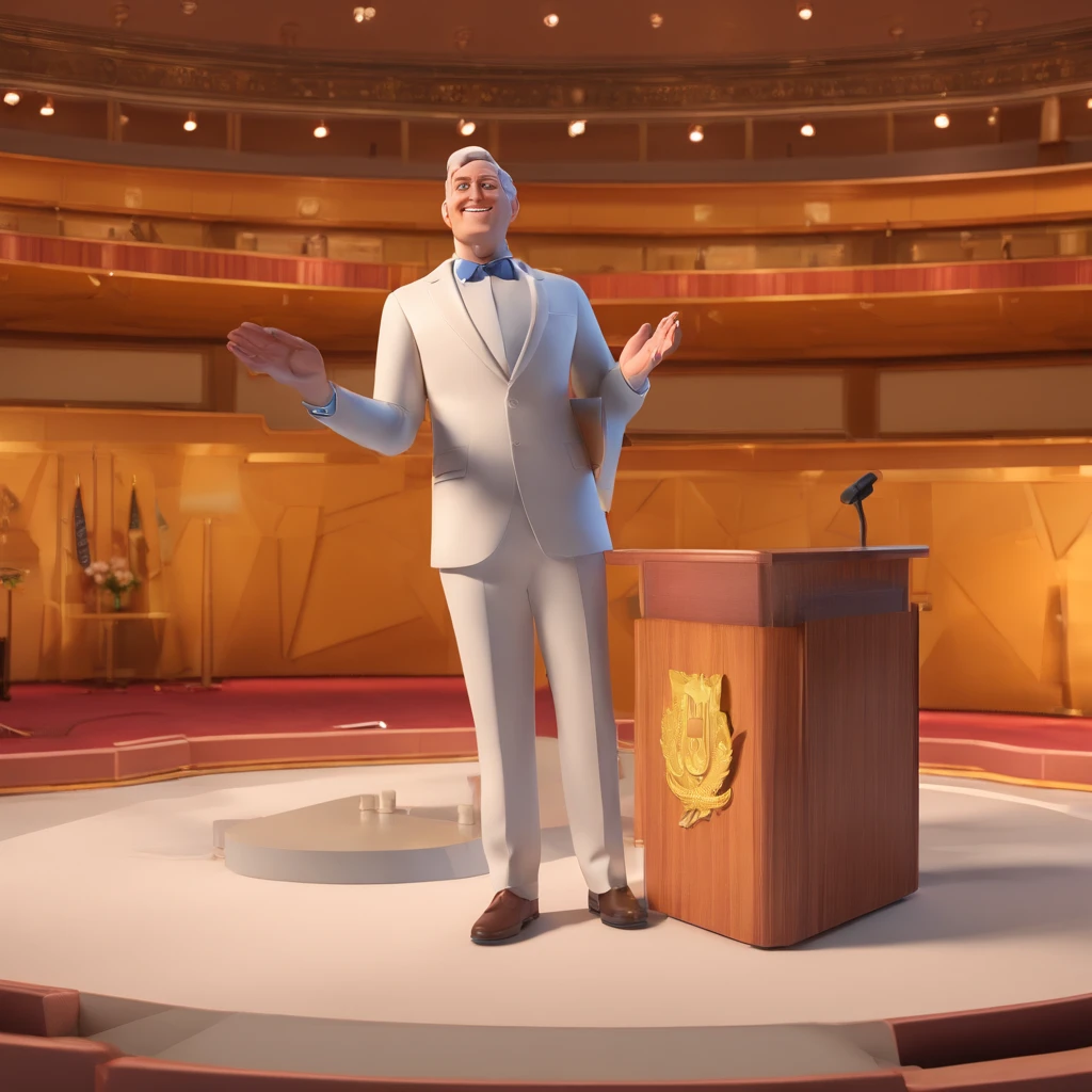 a politician speaking on a platform to an audience, 3d, disney style