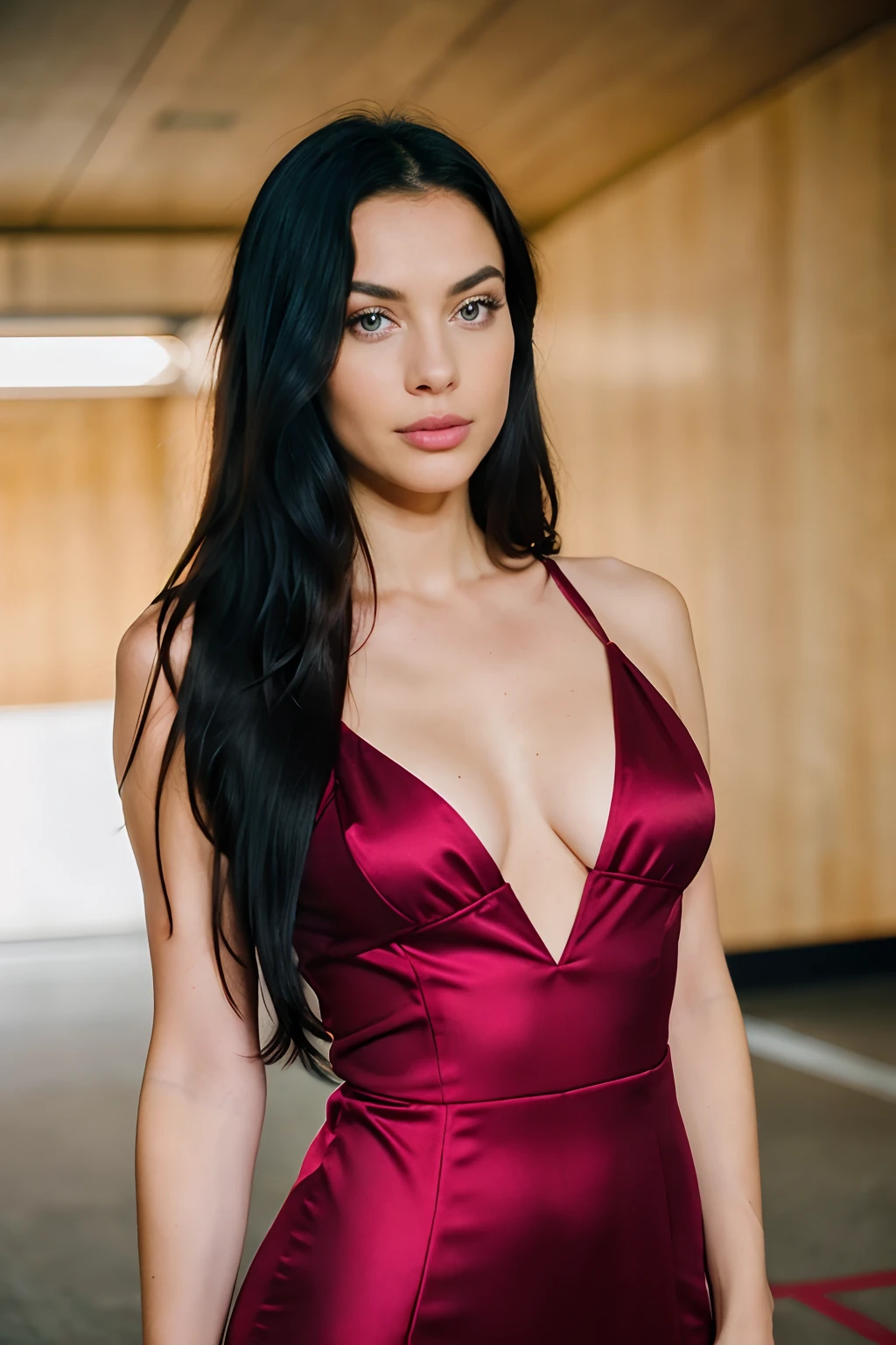 RAW, analog, Nikon Z 85mm, award winning glamour photograph,((best quality)), ((masterpiece)), ((realistic)), vintage image, gorgeous woman wearing, red floor length dress, 22 year old, (long black hair), green eyes, large perky breasts, ((medium breasts)), innocent, fit, athletic build, skinny, hand model, stunning blue eyes, petite, delicate, innocent, (background: fashion show cameras flashing) she is standing on a red carpet of a fashion show, posing for paparazzi, intricate details, highly detailed, sharp focus, professional, 4k, highres, detailed facial features, high detail, sharp focus, smooth, aesthetic, extremely detailed, photo_\(ultra\), photorealistic, realistic, post-processing, max detail, roughness, real life, ultra realistic, photorealism, photography, 8k uhd, photography, SEMI-SILHOUETTE light, russian face