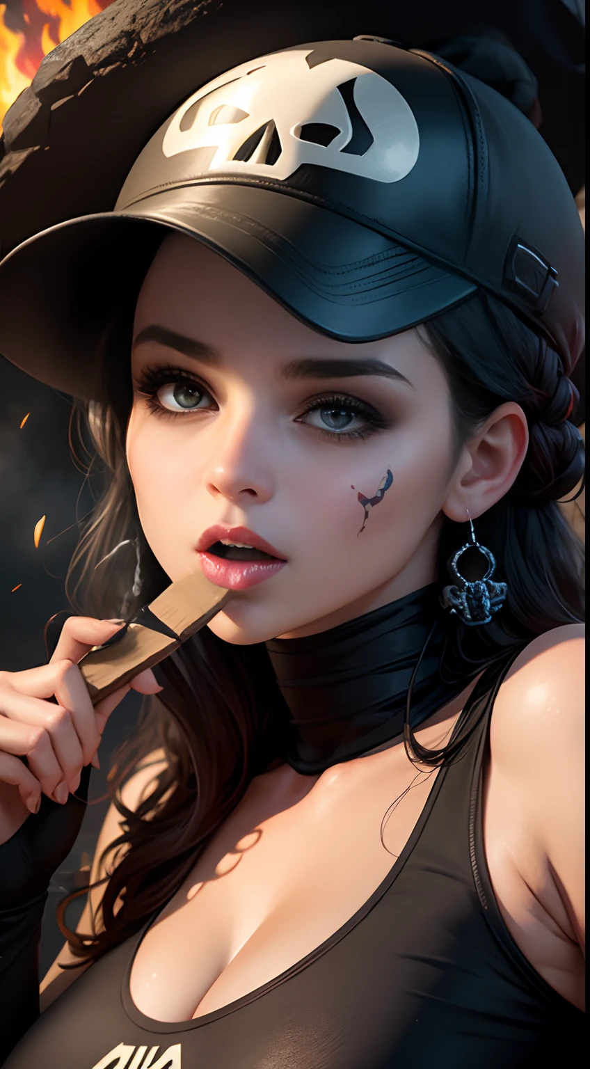 arafed woman with a cigarette in her mouth and a tattoo on her face, Soft Devil Queen Madison Beer, cigarette in mouth, Wearing a choker, lips on cigarette, kiko mizuhara, cigarette, Portrait of Sophie Mudd, She&#39;s like a mix of Grimes, 黒いWearing a choker, with a cigarette in its mouth, cigarettes, Looks like a blend of Grimes