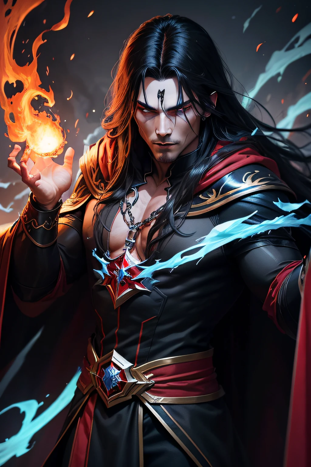 dark muscular male evil lord with long black hair wearing black and red cloak e throwing blue flames from his hands, magic, magician, blue flames, blue fire