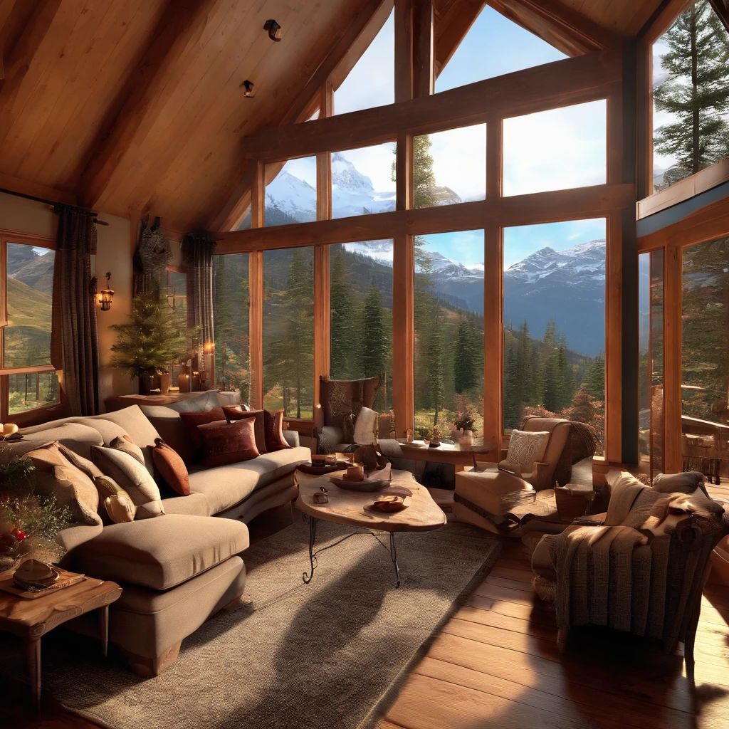 A cozy mountain house surrounded by a stunning landscape, with large windows that let in natural light and offer a panoramic view of the snow-capped mountains. The interior is decorated with comfortable furniture, a lit fireplace and a welcoming atmosphere, inviting you to relax and enjoy the tranquility of nature