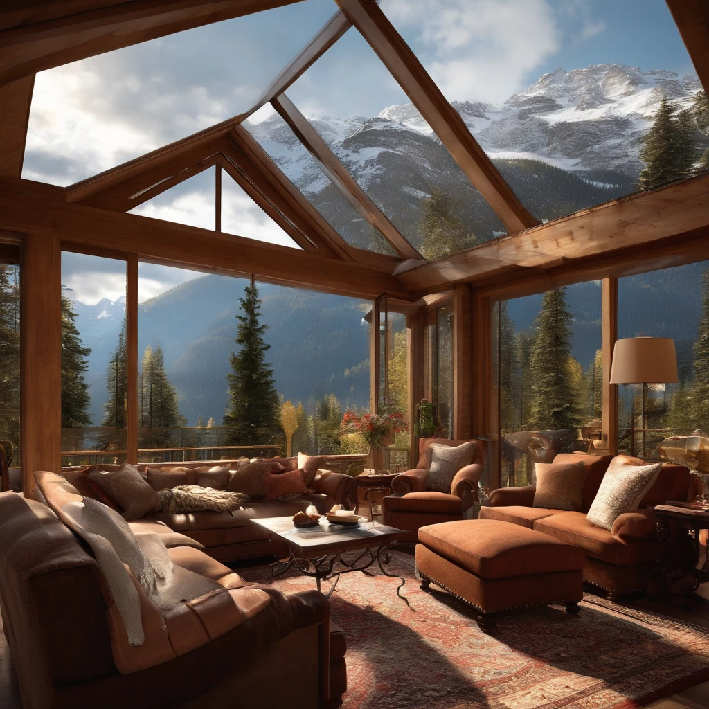 A cozy mountain house surrounded by a stunning landscape, with large windows that let in natural light and offer a panoramic view of the snow-capped mountains. The interior is decorated with comfortable furniture, a lit fireplace and a welcoming atmosphere, inviting you to relax and enjoy the tranquility of nature