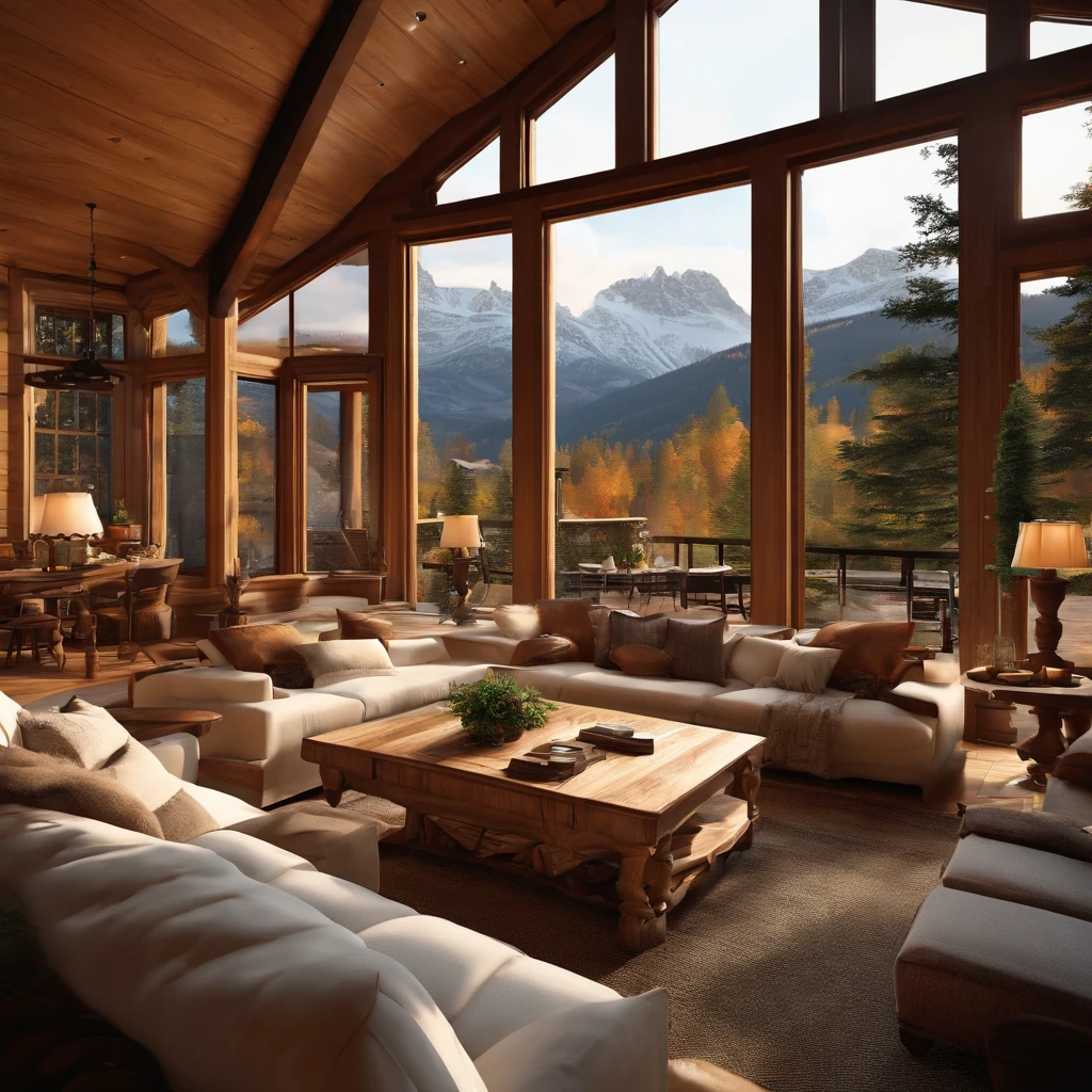 A cozy mountain house surrounded by a stunning landscape, with large windows that let in natural light and offer a panoramic view of the snow-capped mountains. The interior is decorated with comfortable furniture, a lit fireplace and a welcoming atmosphere, inviting you to relax and enjoy the tranquility of nature