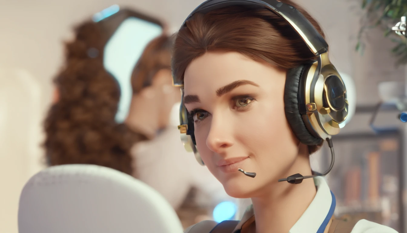 Create a realistic 3d pixer image. A young woman, robotic, white, small brown eyes, medium brown hair. wearing headphones and working on computer, technological environment.