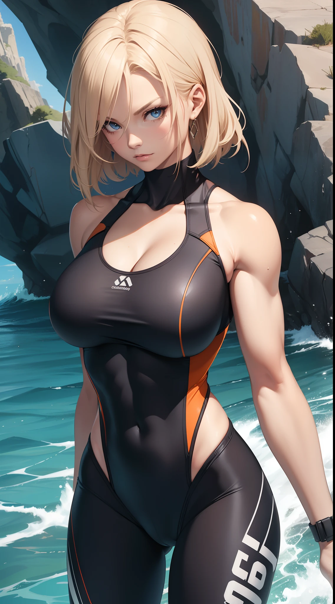 1 woman, solo, mature, serious, beautiful, petite, (muscular), blonde hair, wearing a sleeveless surfing suit, cleavage, long sleeves