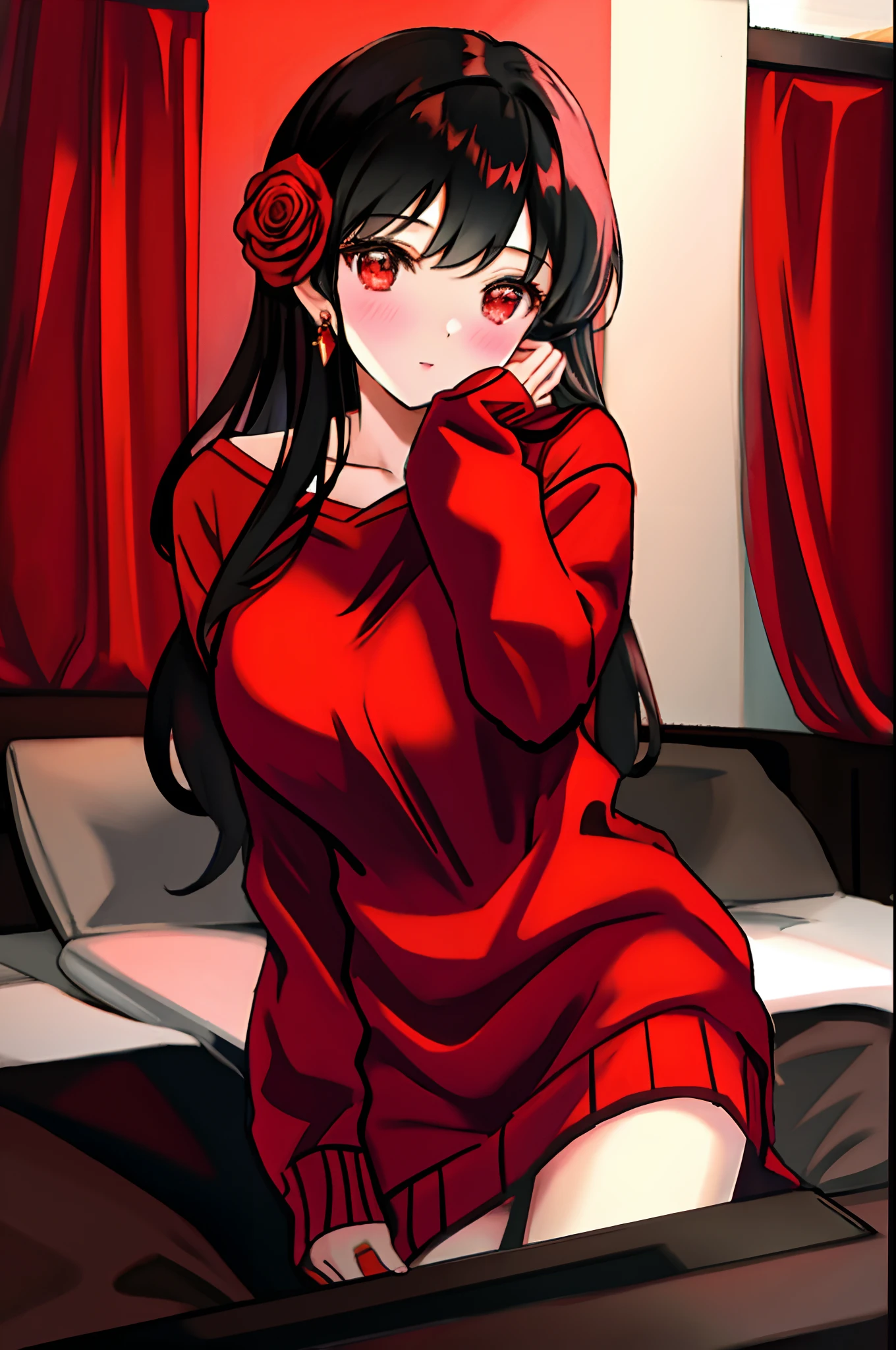 A dark-haired、red eyes、Beautiful girl alone、Surrounded by roses、Red sweater、sexy  pose