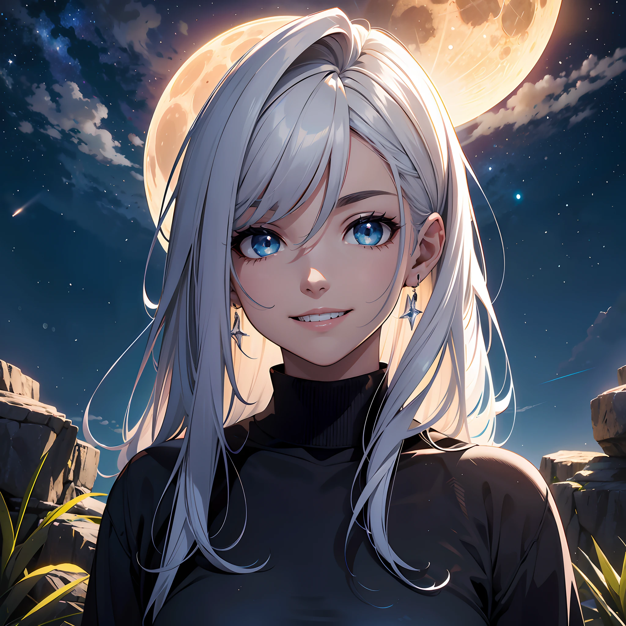 Profundidade de campo, paisagem expansiva, obra-prima, alta qualidade, HD, Uplighting, Lua Cheia, Eclipse Lunar, um homem, cabelos compridos, uma venda sobre os olhos, sorriso alegre, dentes afiados, pele cinza, tatuagens