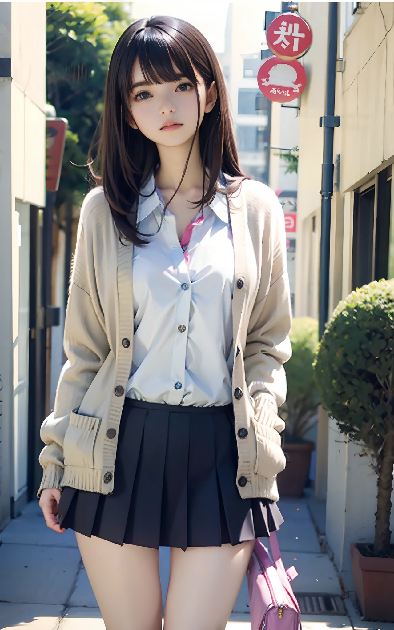 Cardigan、a miniskirt