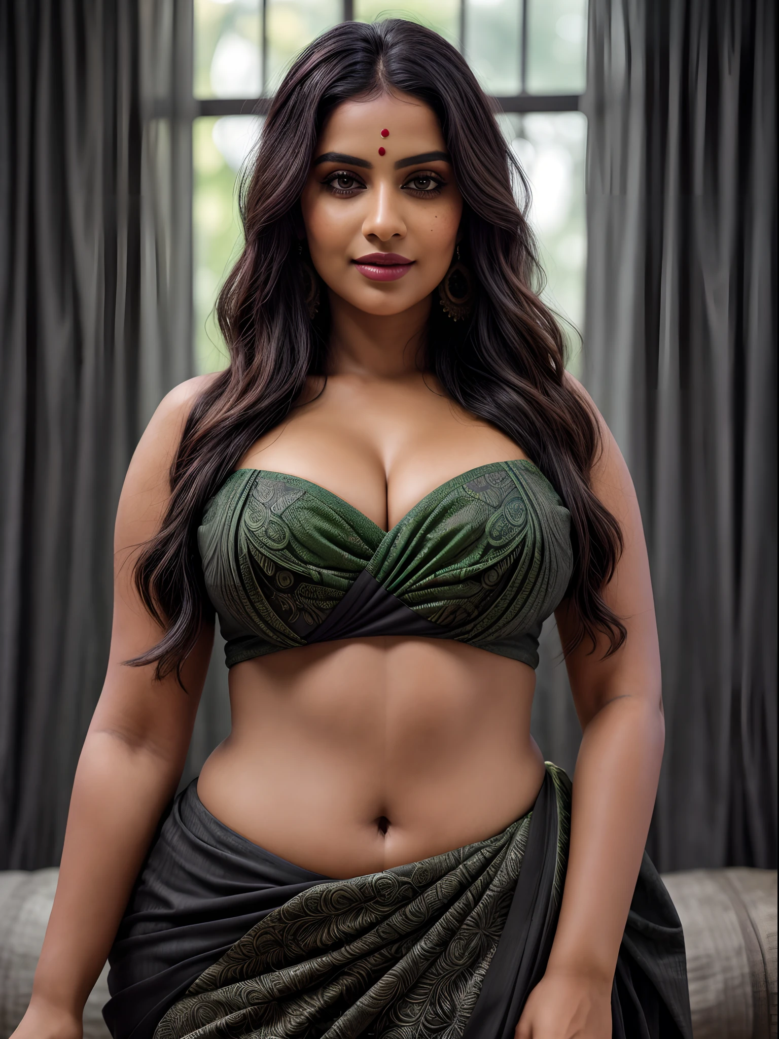 a close up of a woman in a green and red sari, gorgeous woman, curvy body, huge breast, bbw, very seductive pose, very attractive and beautiful, lovely woman, very beautiful woman, traditional beauty, with a seductive smile, with lovely look, sexy girl with dark complexion, very very beautiful woman, gorgeous figure, gorgeous beautiful woman, indian, draped in fleshy green and pink, indian goddess, 8k portrait, detailed intricate fabric texture, (charcoal black theme:1.3), spiral patterns, body freckles, bright, high quality image, masterpiece, detailed hair texture, detailed skin texture, detailed cloth texture, 8k, add fabric details, ultra detailed skin texture, ultra detailed photo, skin pores, cloth details, high skin details, realistic hair details, (8K, RAW photo, best quality, masterpiece:1.2), (realistic, photo-realistic:1.4), ultra-detailed (grainy:0.2)