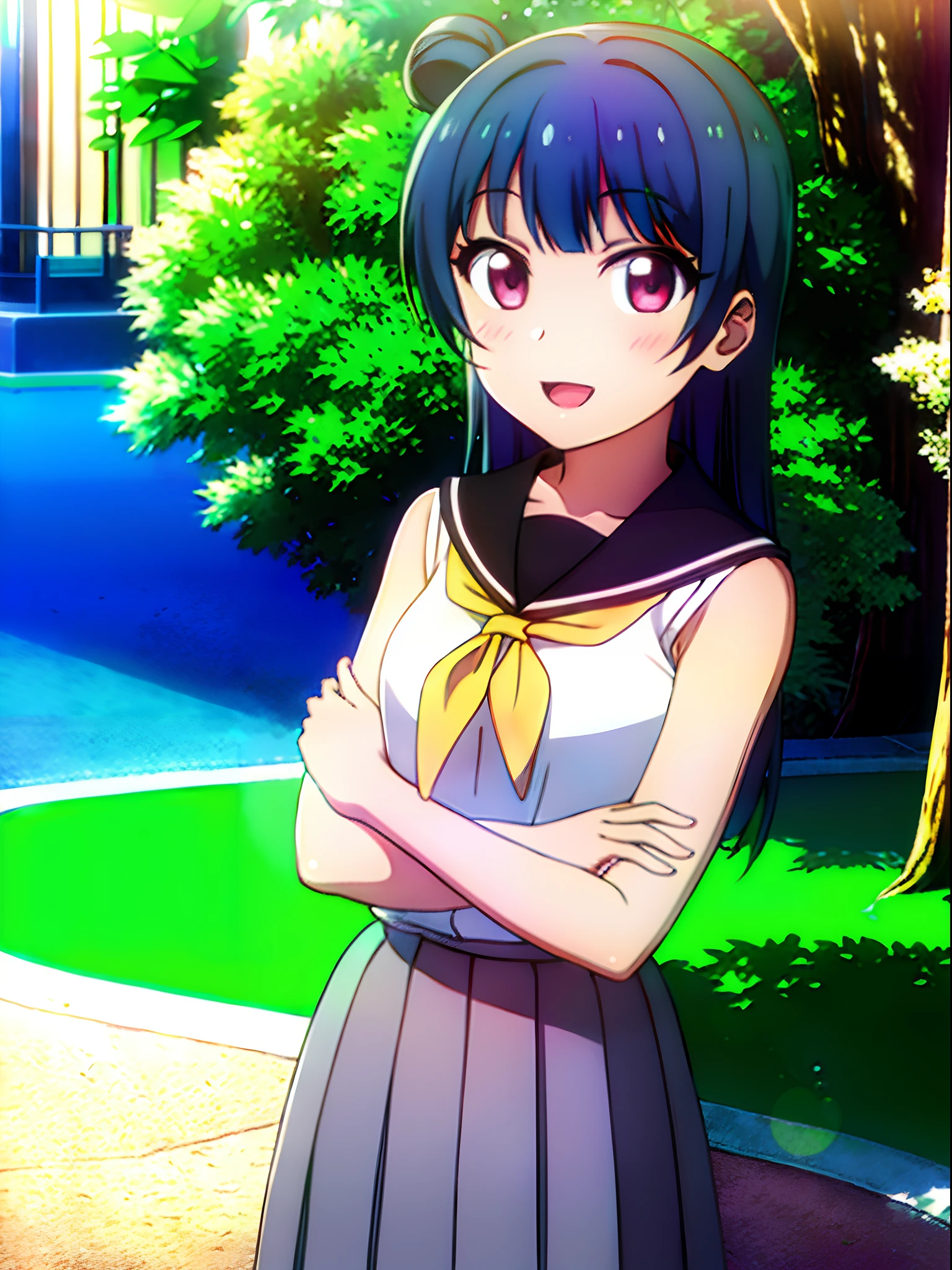 (masterpiece, best quality, ultra-detailed), (illustration), (beautiful detailed eyes), (1girl), (solo), tsushima yoshiko, purple eyes, blue hair, single hair bun, long hair, looking at viewer, open mouth, bangs, shirt, school uniform, pleated skirt, serafuku, sleeveless, neckerchief, grey skirt, yellow neckerchief, uranohoshi school uniform, outdoors,