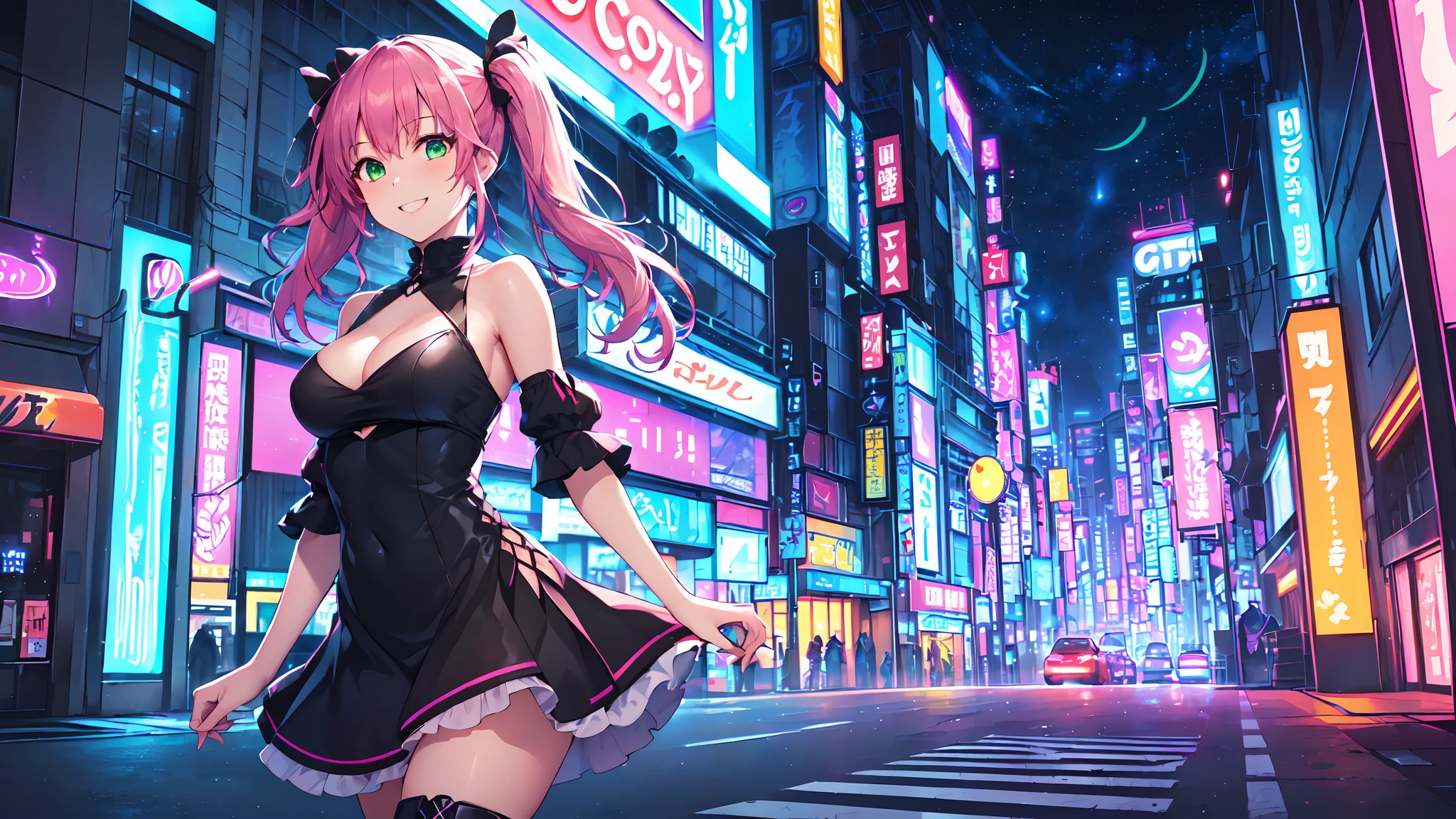 masterpiece:1.4, 1girl ((20year old, dressed in a dance club dresss, high heel boots, medium breasts, multicolor pink hair, twin ponytails, perfect model body, green eyes:1.5, flirting, happy, big smile, looking toward viewer, standing in a NEO Tokyo City street during the night:1.3, city buildings in the background:1.2)) ((neon and energetic atmosphere)) ((solo:1.6)) ((night sky:1.3))