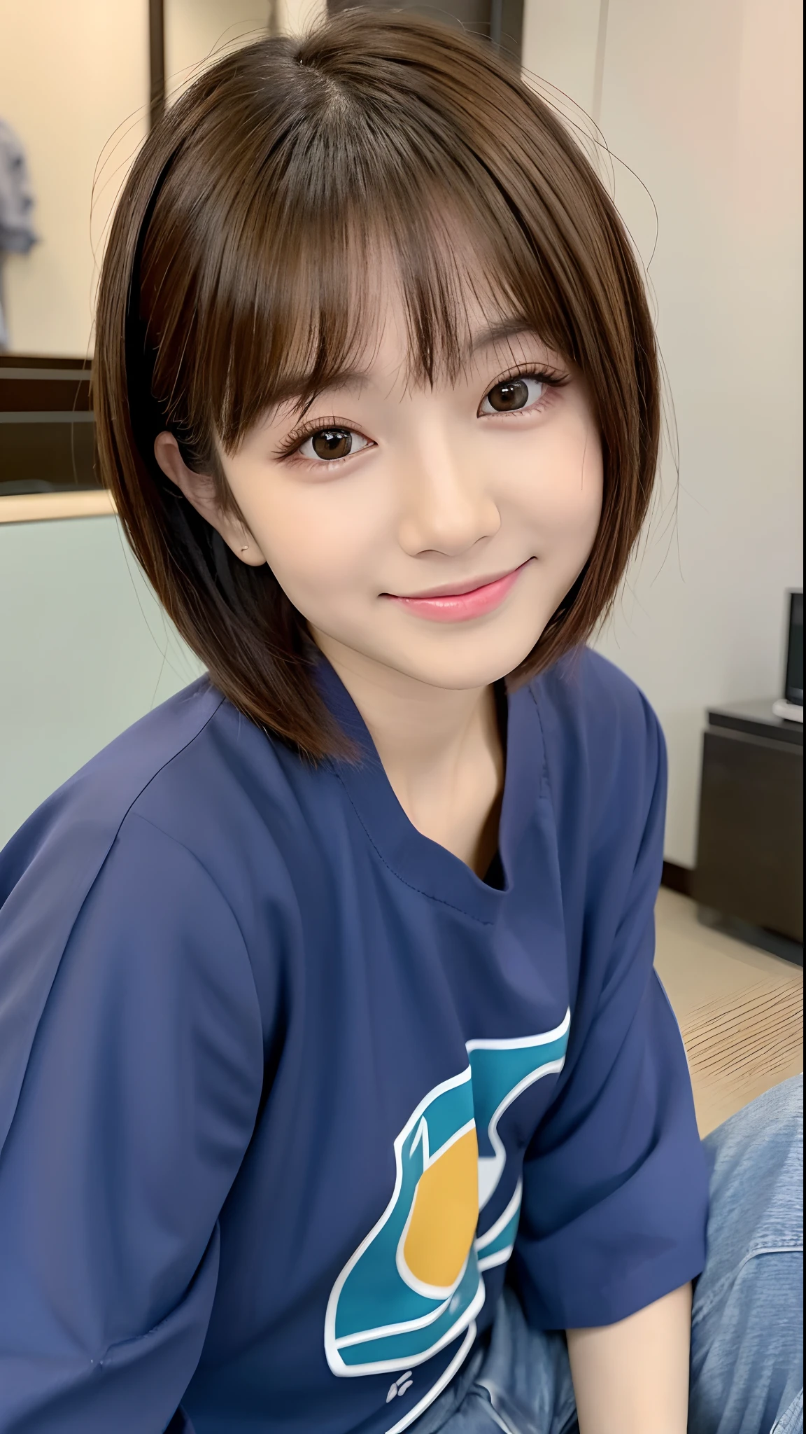 鎖骨,Awkward shirt,Sitting on floor、Look your audience in the eye,Japan Beauty,Detailed skin, Hair and eyes、girl with,About 24 years old、Sanpaku eyes、(Happy expression 1.5),small tits,High Style、(Bright Brown Bob Shorthair)、shortpants、二重まぶた、kawaii、A detailed face,Detailed hair,Detailed eyes,detailed lips,hiquality,high-level image quality,8k,