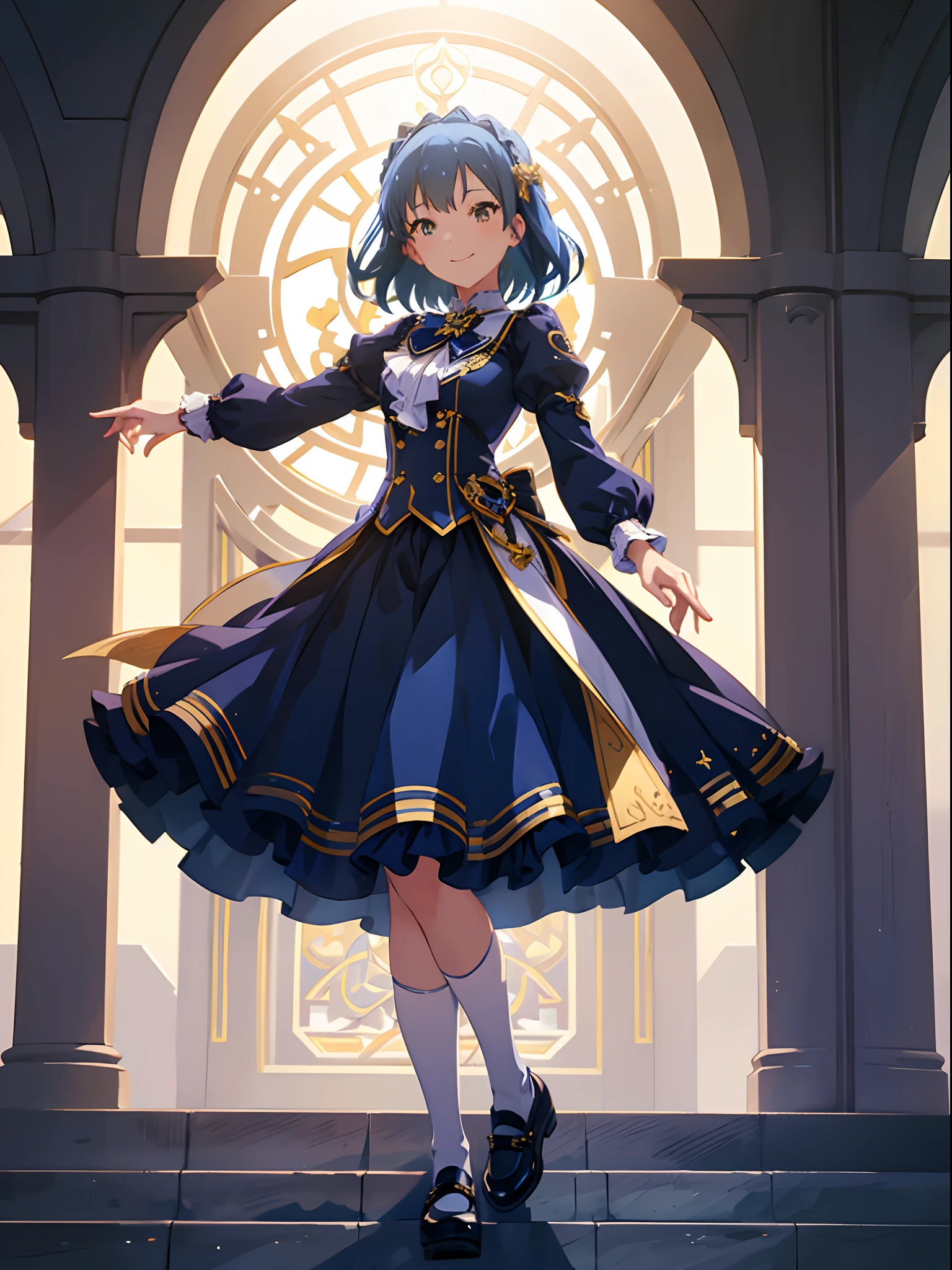 yuriko nanao (million live), 1 girl, Solo, Best Quality, masutepiece, 8K, High resolution, Ultra-detailed, smile, frilled blouse, long sleeves, long skirt, white socks, black footwear, outdoor, city,