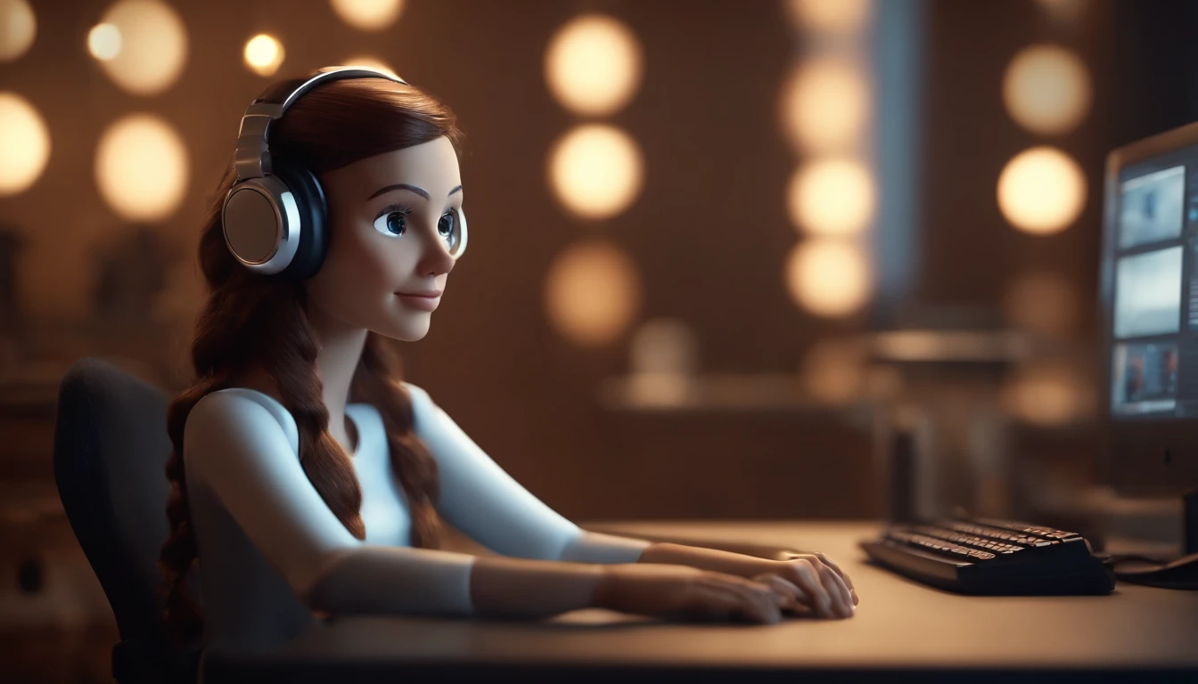 Create a realistic 3d cartoon image. A 30-year-old girl, robotic style, small brown eyes, long brown hair. wearing headphones and working on computer, technological environment.