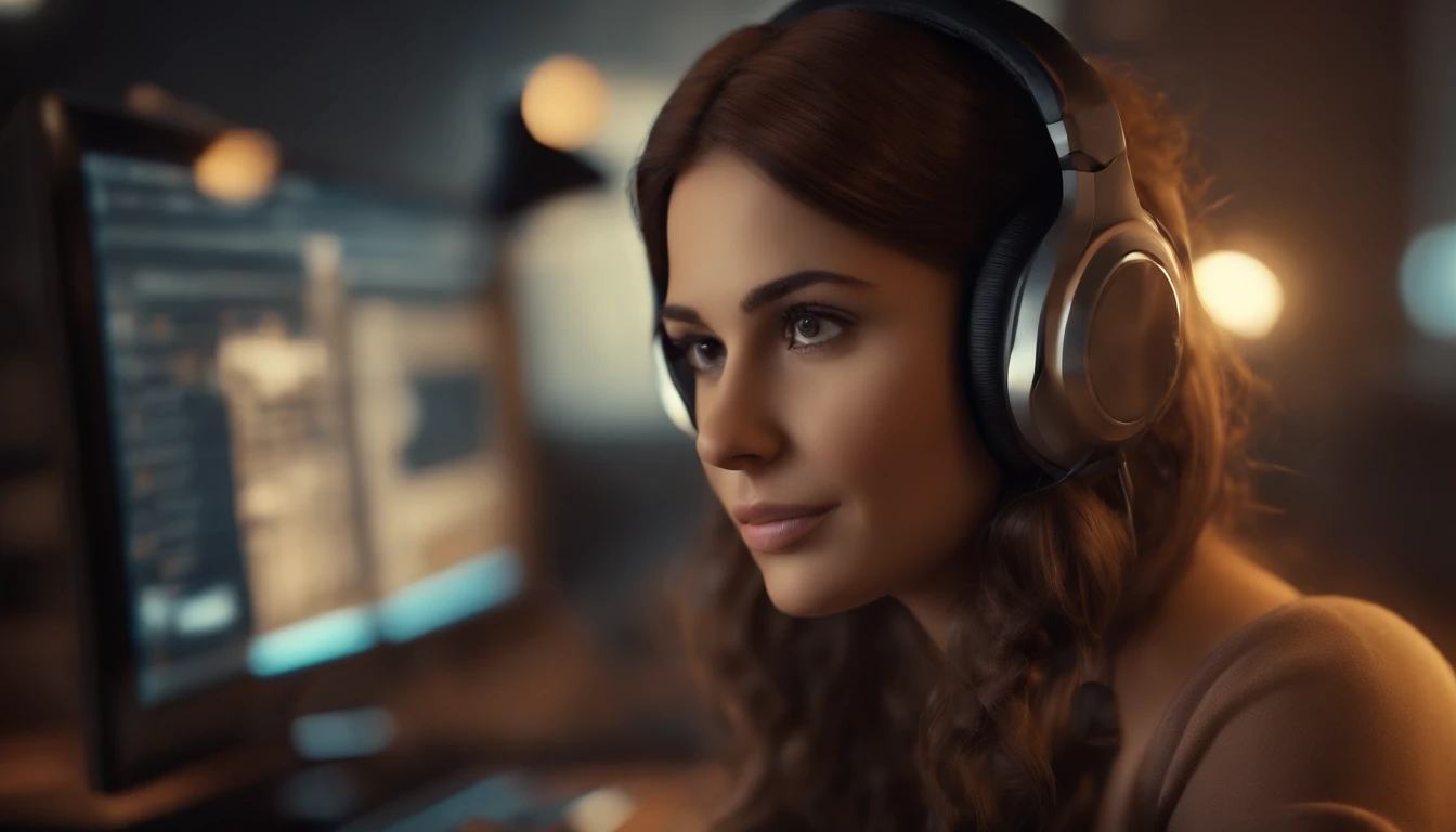 Create a realistic 3d cartoon image. A 30-year-old girl, robotic style, small brown eyes, long brown hair. wearing headphones and working on computer, technological environment.