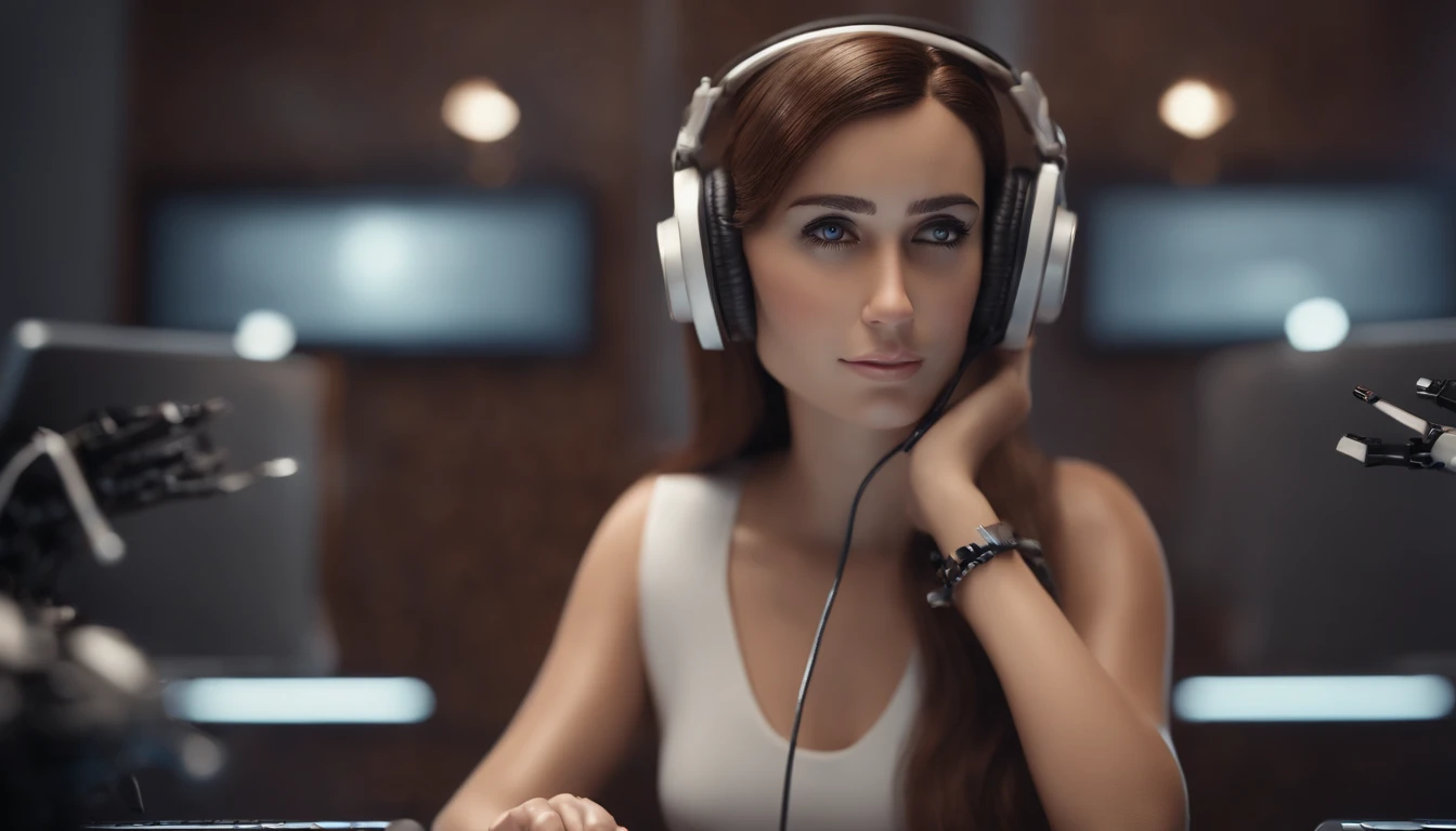 photo-realistic, cheerful feminine cute face and beatiful eyeshigh quality masterpiece, cinematographic scene, 4K resolution, american shot,  speaker headphones, of an attractive young radio host with feminine Canadians face features, light skin whit violet flower tattoos on her arms,  medium, straight, intense dark purple hair, fitted black casual blouse half unbuttoned, gray lenses, dark makeup, eyeshadow and dark lipstick, sensual dream body, 