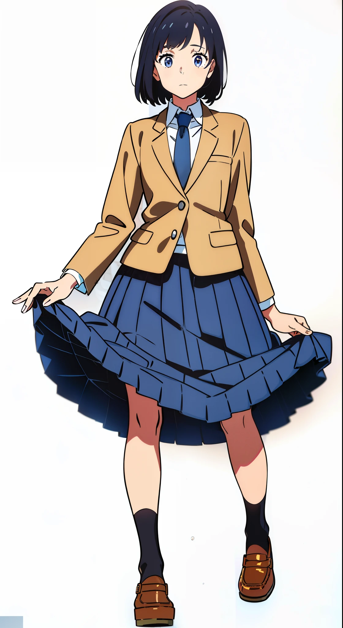 (one's skirt lift:1.5), (white background:1.1), (best quality:1.1), (masterpiece:1.1), (full body:1.0), (solo:1.0), (a 18yo cute girl:1.1), (long skirt:0.3), (dark blue skirt:1.5), (pleated skirt:1.1), (school uniform beige blazer:1.0), (dark blue necktie:1.0), (black socks:1.0), (loafers:1.0), (lanky:1.1), (tall:1.1), (slender:1.1), (small breasts:1.1), (detailed beautiful eyes:1.0), (detailed beautiful face:1.0), (glowing black eyes:1.0), (short hair:1.0), (strait hair:1.0), (black hair:1.0)