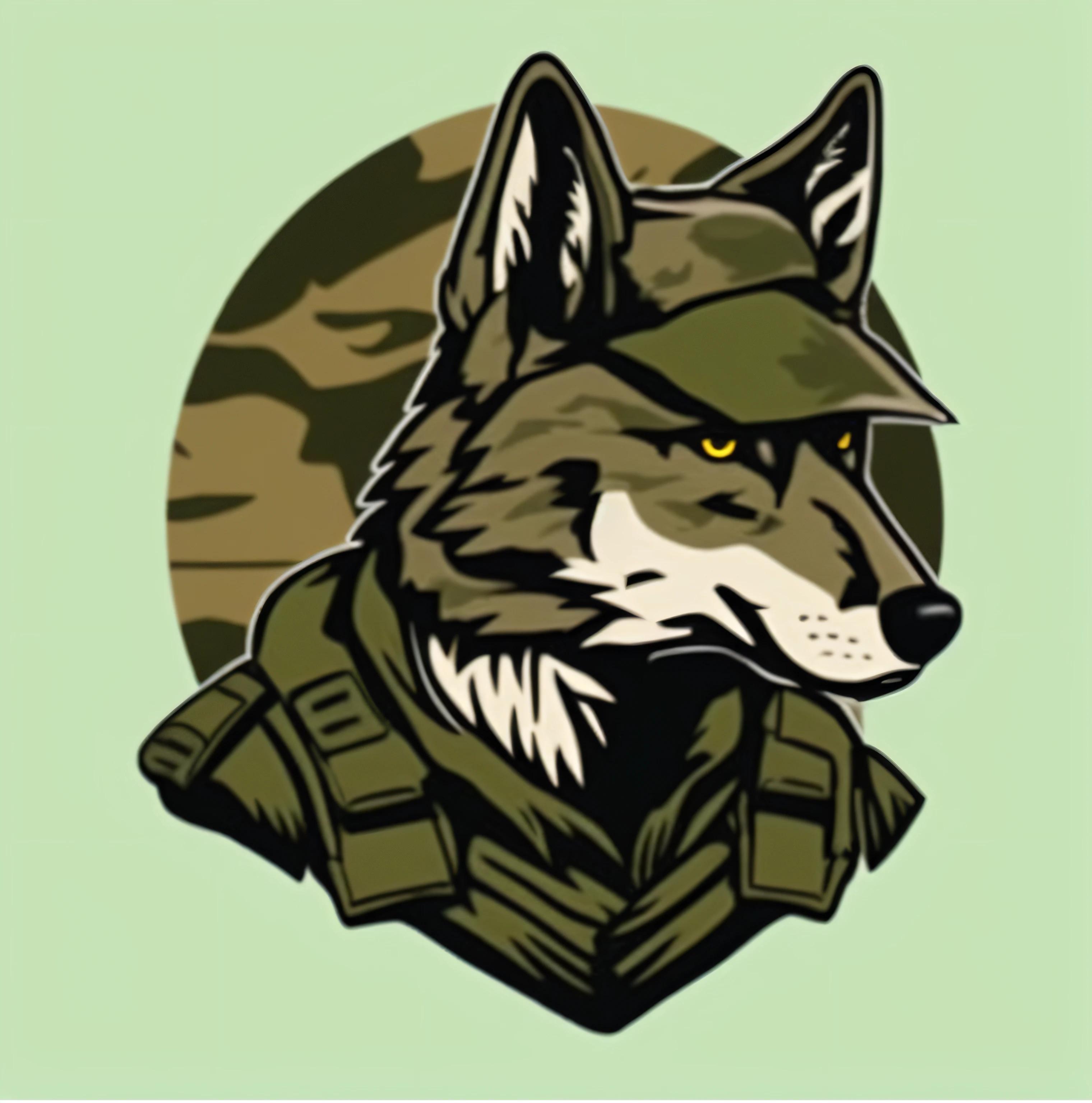 um close up de um lobo vestindo um uniforme militar, Angiewolf, raposa verde digital, chacal, foto de perfil, Wolp, wolf head, Mascot illustration, um mascote dingo, grande lobo, Design militar, alpha wolf head, miltary, Roupas de Soldado do Futuro, cara de lobo antro, an anthropomorphic wolf, design de patch de ombro
