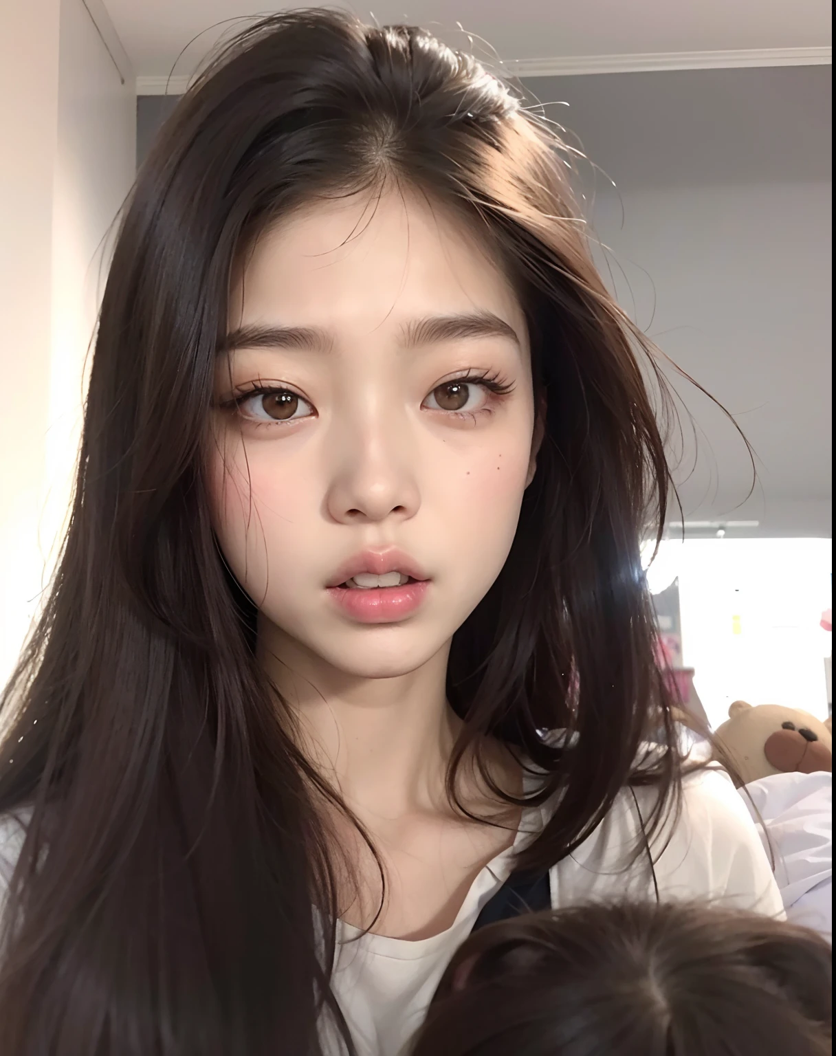 Un primer plano de una mujer con el pelo largo y un oso de peluche, Blackpink Jennie, young cute wan asian face, Joven y adorable rostro coreano, Wan adorable cara coreana, Chica coreana, Asian face, south east asian with round face, Jossi de Blackpink, Ella tiene una cara linda, Parque Roseanne de Blackpink, Ella tiene una linda cara expresiva, Rasgos de la cara coreana