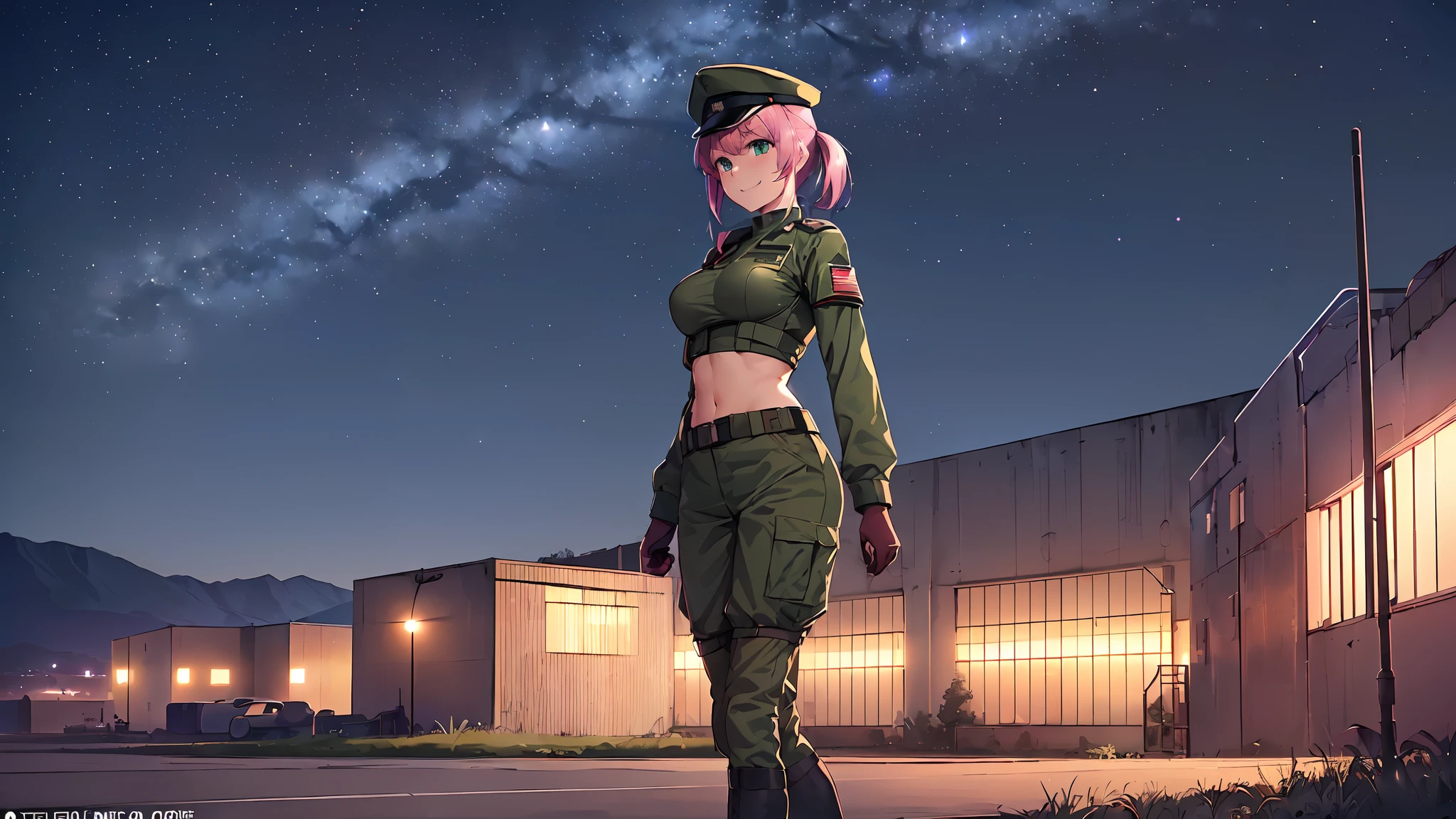 masterpiece:1.4, 1girl ((20year old, dressed in a tight military crop top, tight military pants; boots, medium breasts, multicolor pink hair, twin ponytails, perfect model body, green eyes:1.5, wearing a purple military uniform and military cap, flirting, happy, big smile, looking toward viewer, standing in front of a military base at night:1.3, soldiers and military buildings in the background:1.2)) ((solo:1.6)) ((night sky:1.3))