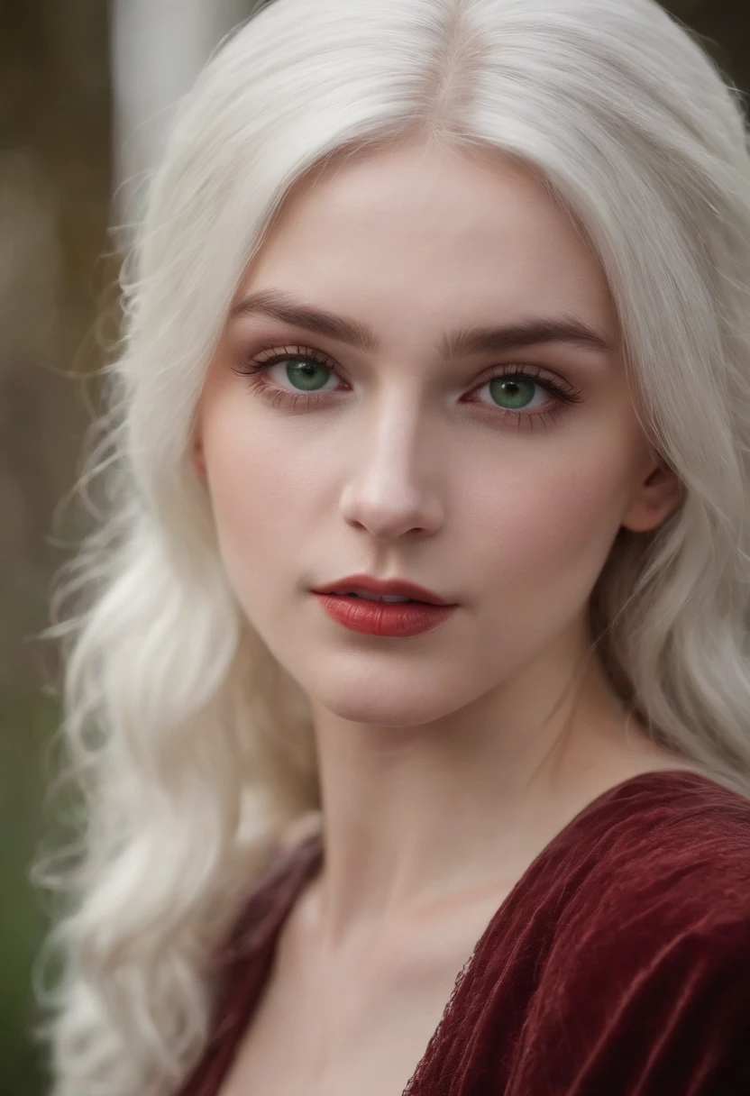 (((a deep reddish wound crosses her left cheek))) fair complexion, woman around 19 years old, natural white hair, distinctive green eyes, wearing kohl, slender and graceful, beautiful, candlelight in a medieval setting, ultra sharp focus, realistic shot, medieval female clothes, tetradic colors (scar:1.4)