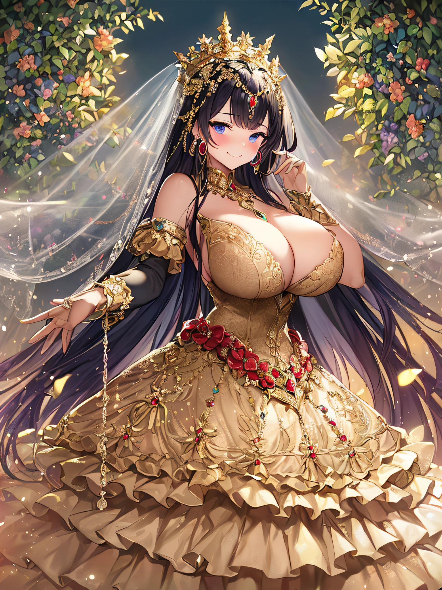 ((Anime Art Style)),(masutepiece),(Best Quality), (Super Detail),((Very delicate and beautiful)),((Full body portrait)),((Stand in the garden)),((Solo)),(((One princess in Gorgeous embroidery and jeweled very gorgeous princess Rococo ballgown with voluminous full length hoop skirt))),(enormous Crinoline Hoop Skirt),Long Train,Gorgeous embroidery and jewelry,(((very gigantic boobs,Skindentation))),((large amount of straight hair,extremely voluminous Hair,Very Long Straight Hair)),(finely detailed face and eyes),((Seductive smile,embarrassed)),(extremely gorgeousfull hair ornament,very gorgeous tiara adorned with bling-bling jewels),Glitter Gorgeous Gemstone Jewelry,Gorgeous Long Veil,(opera gloves),(Beautiful background),(Full body),((Gorgeous embroidery and jeweled gorgeous princess Rococo ballgown with voluminous full length hoop skirt)),