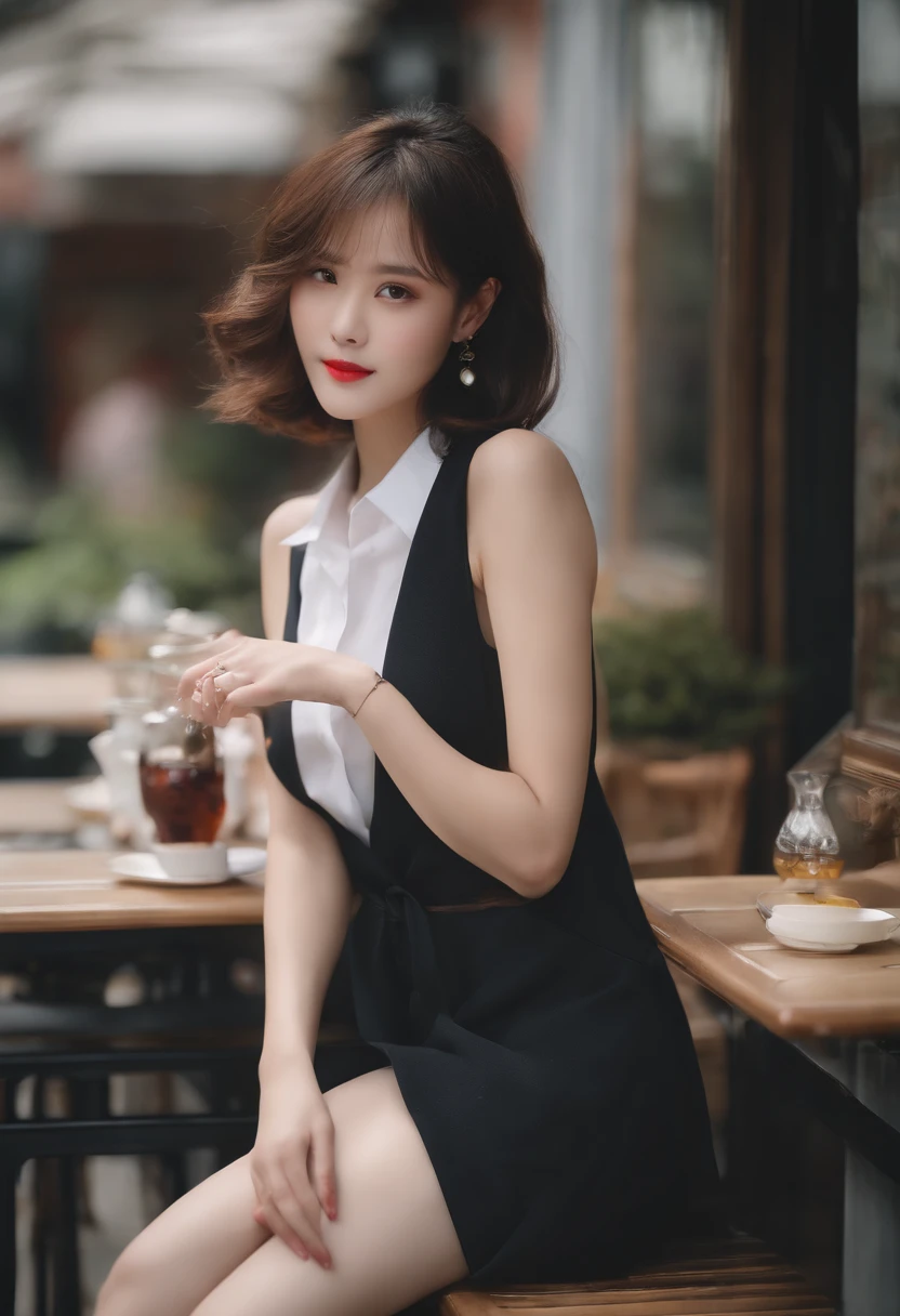 Cinematography with anamorphic lenses、Photorealsitic、 girl with, a beauty girl,((Matte skin))、The wind is blowing、Well-formed face、Shapely、((hi-school girl))、(((No pants)))、14years、８Head and body、a small face、A slender、Very skinny、skinny、tiny chest,Ribs、discreet breasts、Smaller chest、small tits、beauty legs、Constricted waist、dented belly、Model body type、Beautiful shiny hair、Backgrounds that look like real photos、(((NSFW)))、(Thigh strap for only one leg)、Happy face、Book cover、Artistic silhouette、sideways Facing、Sit with your knees、cafe terrace