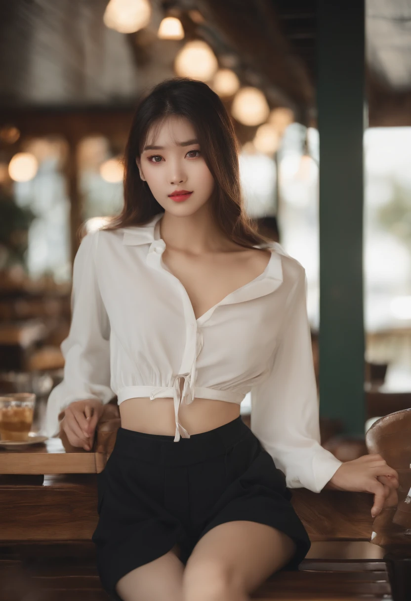 Cinematography with anamorphic lenses、Photorealsitic、 girl with, a beauty girl,((Matte skin))、The wind is blowing、Well-formed face、Shapely、((hi-school girl))、(((No pants)))、14years、8Head and body、a small face、A slender、Very skinny、skinny、tiny chest,Ribs、discreet breasts、Smaller chest、small tits、beauty legs、Constricted waist、dented belly、Model body type、Beautiful shiny hair、Backgrounds that look like real photos、(((NSFW)))、(Thigh strap for only one leg)、Happy face、Book cover、Artistic silhouette、sideways Facing、Sit with your knees、cafe terrace