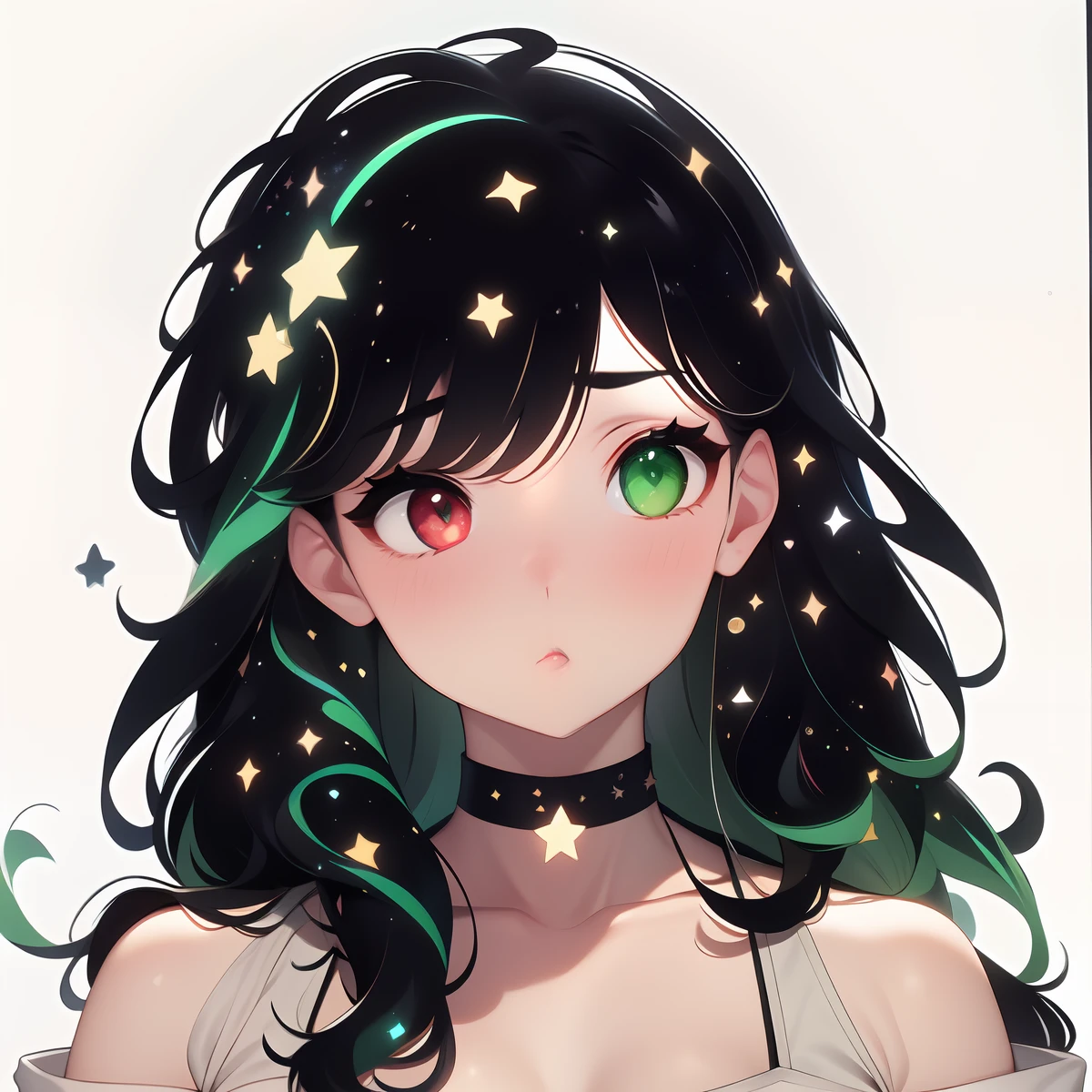 1girl,Star-shaped pupils,fingernails,hands on own face,black hair, left green eyes, right brown eyes,(blush:1.1),Star choker,upper body,heart,(speed lines:1.1),medium breasts, ((heavy breathing:1.3)), love, heart, tank top, yawn, green bangs, stars in hair, galaxy hair, heterochromia, celestial, looking at viewer