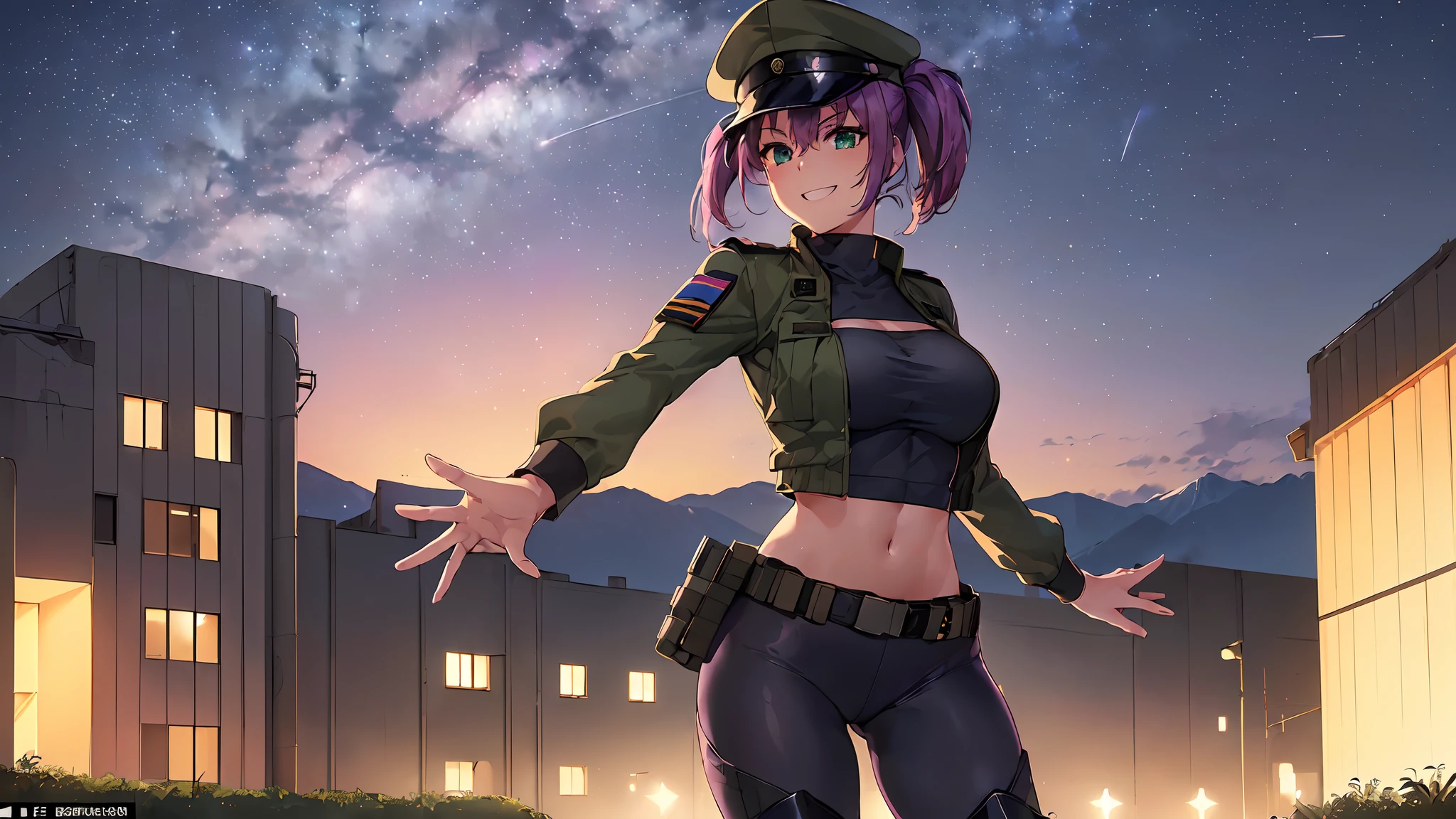 masterpiece:1.4, 1girl ((20year old, dressed in a purple tight military crop top, tight black leggings; knee high boots, medium breasts, multicolor pink hair, twin ponytails, perfect model body, green eyes:1.5, wearing a purple military uniform and military cap, flirting, happy, big smile, looking toward viewer, standing in front of a military base at night:1.3, soldiers and military buildings in the background:1.2)) ((solo:1.6)) ((night sky:1.3))
