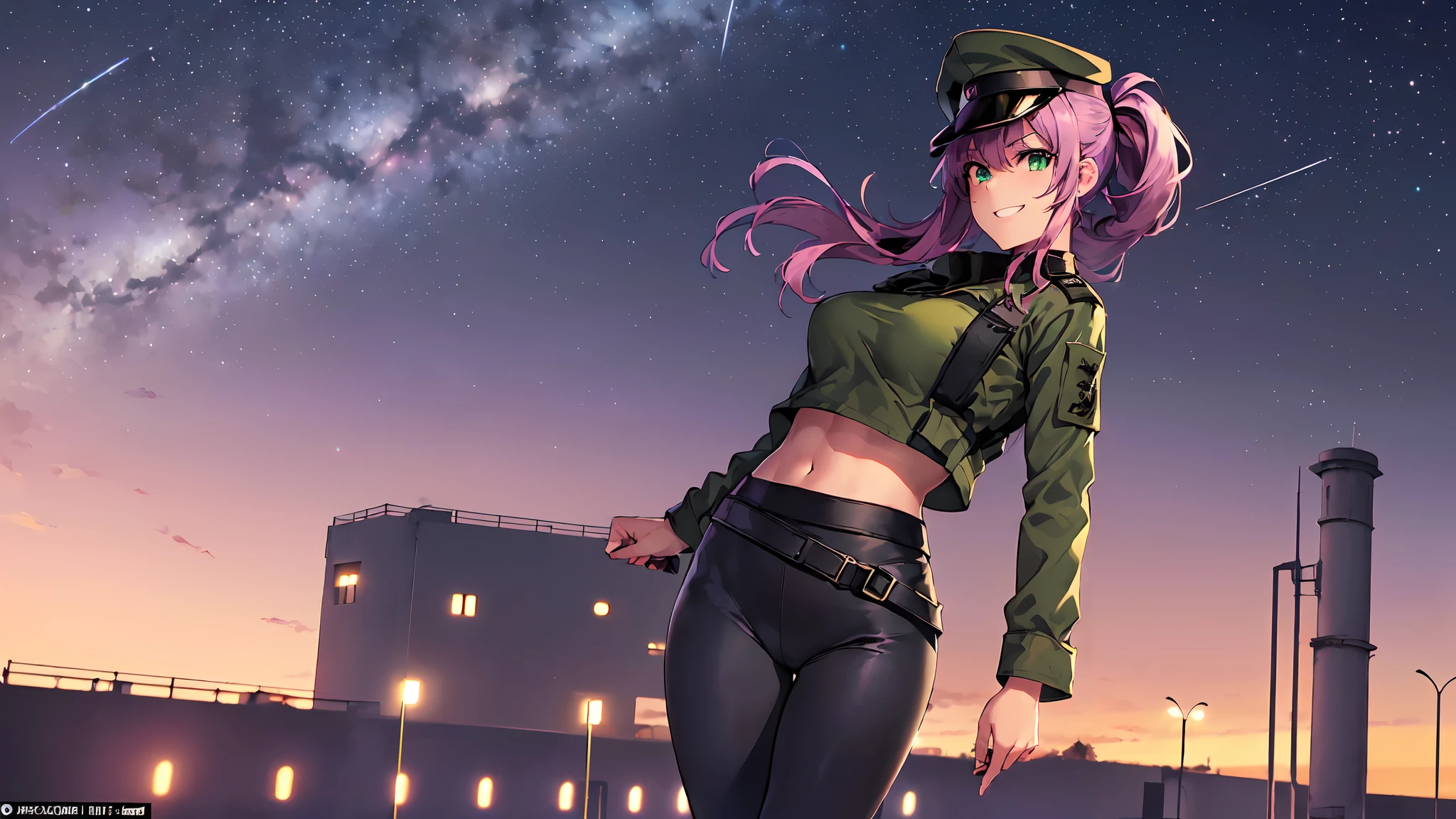 masterpiece:1.4, 1girl ((20year old, dressed in a purple tight military crop top, tight black leggings; knee high boots, medium breasts, multicolor pink hair, twin ponytails, perfect model body, green eyes:1.5, wearing a purple military uniform and military cap, flirting, happy, big smile, looking toward viewer, standing in front of a military base at night:1.3, soldiers and military buildings in the background:1.2)) ((solo:1.6)) ((night sky:1.3))