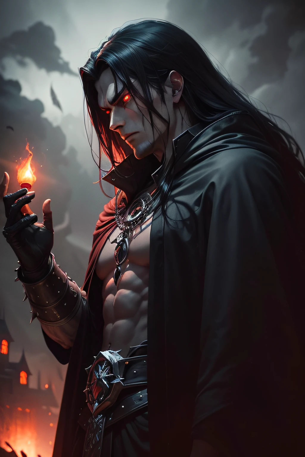a dark muscular male evil lord, long flowing black hair, black and red cloak, piercing red eyes, menacing expression, powerful aura, standing in a dimly lit chamber,, casting eerie shadows, , adorned with intricate details, with a sinister grin, exuding an aura of darkness, with an intimidating presence, in a gothic castle, with imposing architecture, shrouded in mist, under a blood-red moon, with a storm brewing in the background, creating a foreboding atmosphere, reminiscent of a dark fantasy novel cover, with a dramatic lighting, emphasizing the contrast between light and shadow, evoking a sense of mystery and danger, with a touch of supernatural elements and captivating artistry."