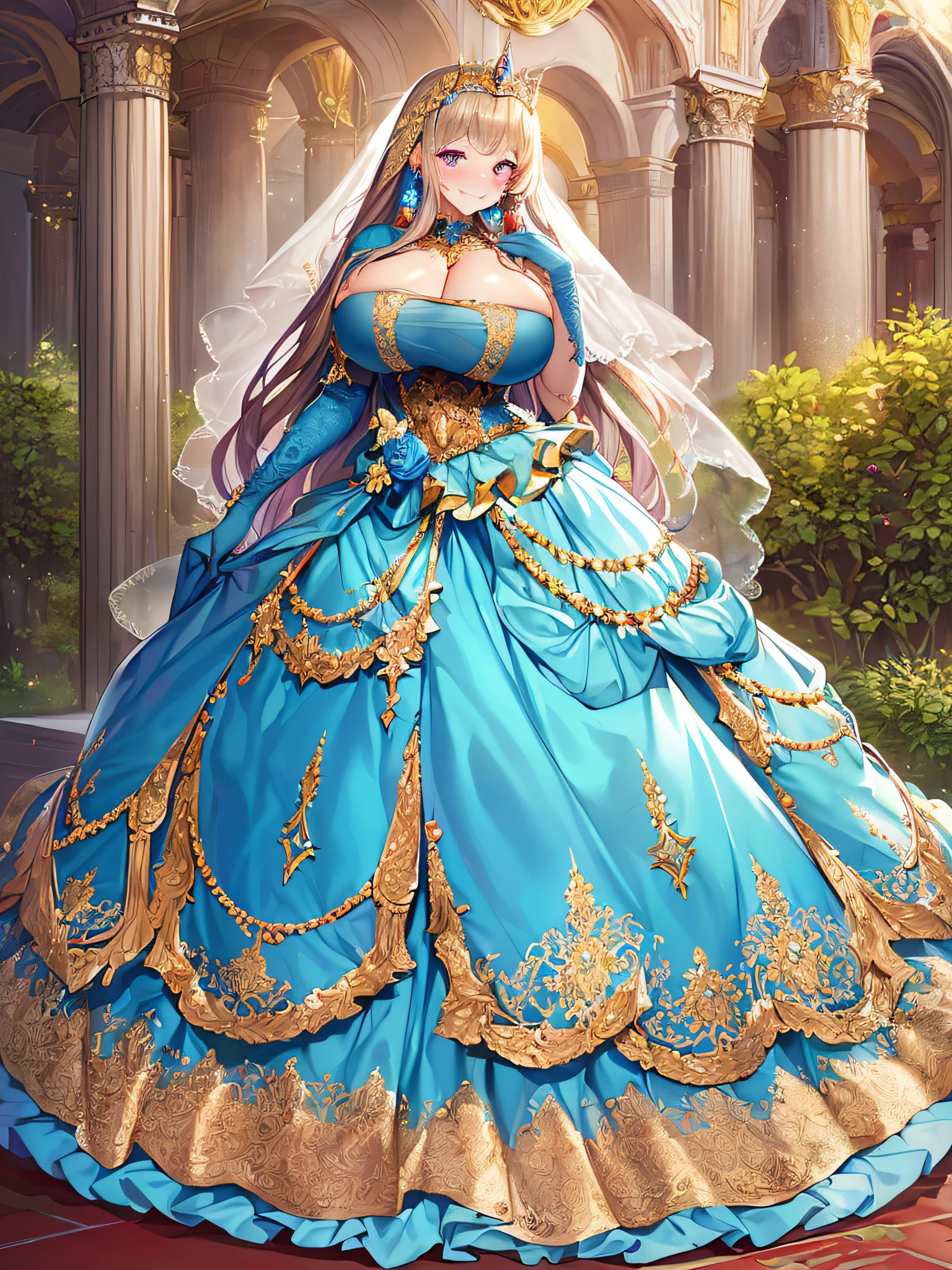 ((Anime Art Style)),(masutepiece),(Best Quality), (Super Detail),((Very delicate and beautiful)),((Full body portrait)),((Stand in the garden)),((Solo)),(((One princess in Gorgeous embroidery and jeweled very gorgeous princess Rococo ballgown with voluminous full length hoop skirt))),(enormous Crinoline Hoop Skirt),Long Train,Gorgeous embroidery and jewelry,(((very gigantic boobs,Skindentation))),((large amount of straight hair,extremely voluminous Hair,Very Long Straight Hair)),(finely detailed face and eyes),((Seductive smile,embarrassed)),(extremely gorgeousfull hair ornament,very gorgeous tiara adorned with bling-bling jewels),Glitter Gorgeous Gemstone Jewelry,Gorgeous Long Veil,(opera gloves),(Beautiful background),(Full body),((Gorgeous embroidery and jeweled gorgeous princess Rococo ballgown with voluminous full length hoop skirt)),