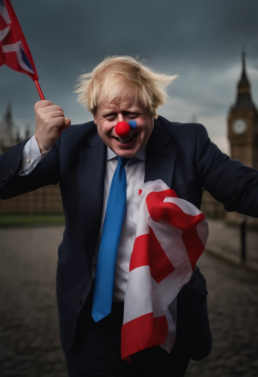 creepy Boris Johnson looks like a clown  with the english flag in his hands ,very detailed, 3d render, sharp focus crying for leaving the eu.