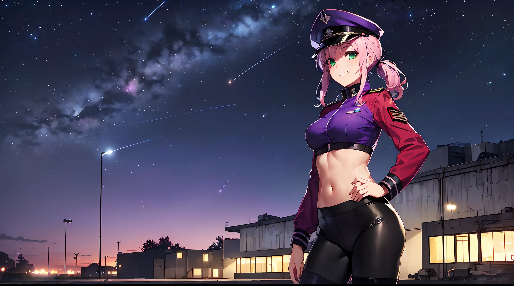 masterpiece:1.4, 1girl ((20year old, dressed in a purple tight military army crop top, tight black leggings; knee high boots, medium breasts, multicolor pink hair, twin ponytails, perfect model body, green eyes:1.5, wearing a purple e army uniform and military cap, flirting, happy, big smile, looking toward viewer, standing in front of a military base at night:1.3, soldiers and military buildings in the background:1.2)) ((solo:1.6)) ((night sky:1.3))