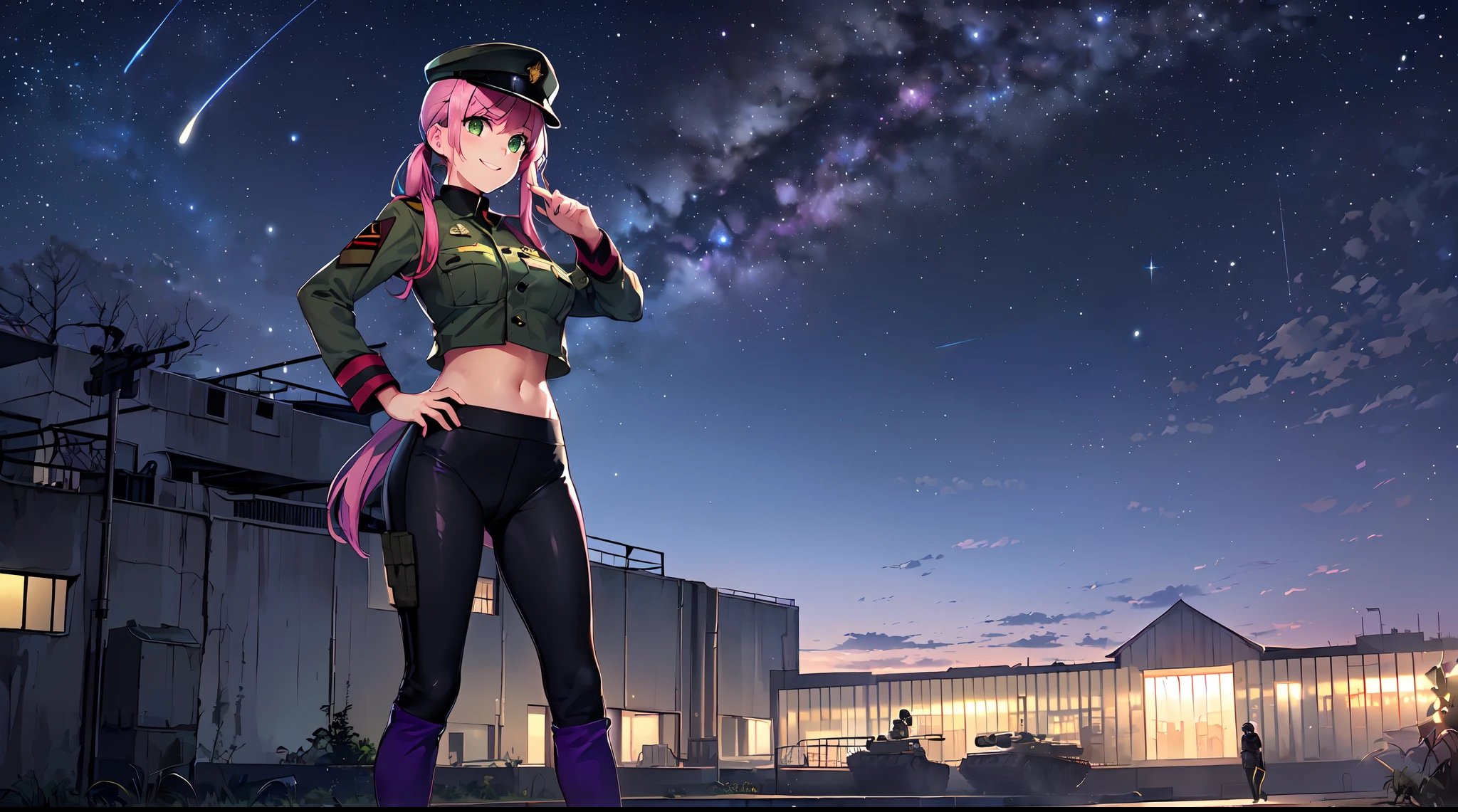 masterpiece:1.4, 1girl ((20year old, dressed in a purple tight military army crop top, tight black leggings; knee high boots, medium breasts, multicolor pink hair, twin ponytails, perfect model body, green eyes:1.5, wearing a purple e army uniform and military cap, flirting, happy, big smile, looking toward viewer, standing in front of a military base at night:1.3, soldiers and military buildings in the background:1.2)) ((solo:1.6)) ((night sky:1.3))