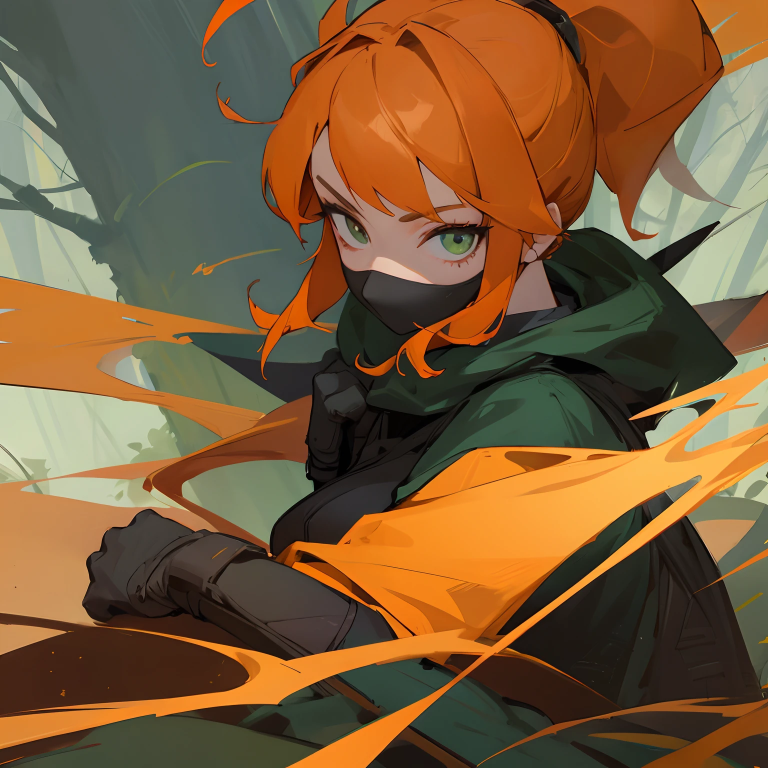 Orange Hair , green eyes , ninja clothing , forest background , 1female