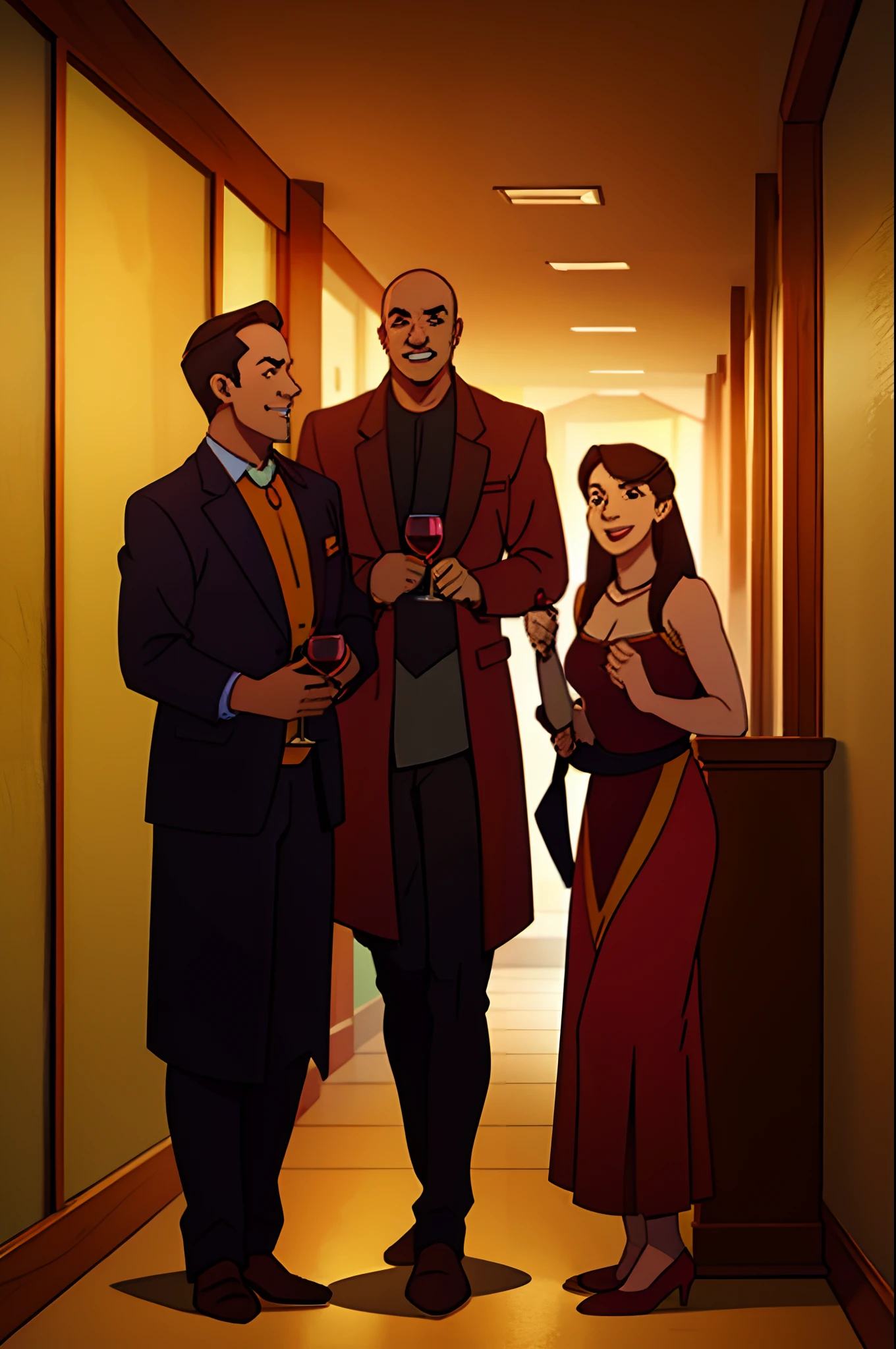 3 happy guys with wine in hands in party, stand in hallway, they talk together, stand side a wall