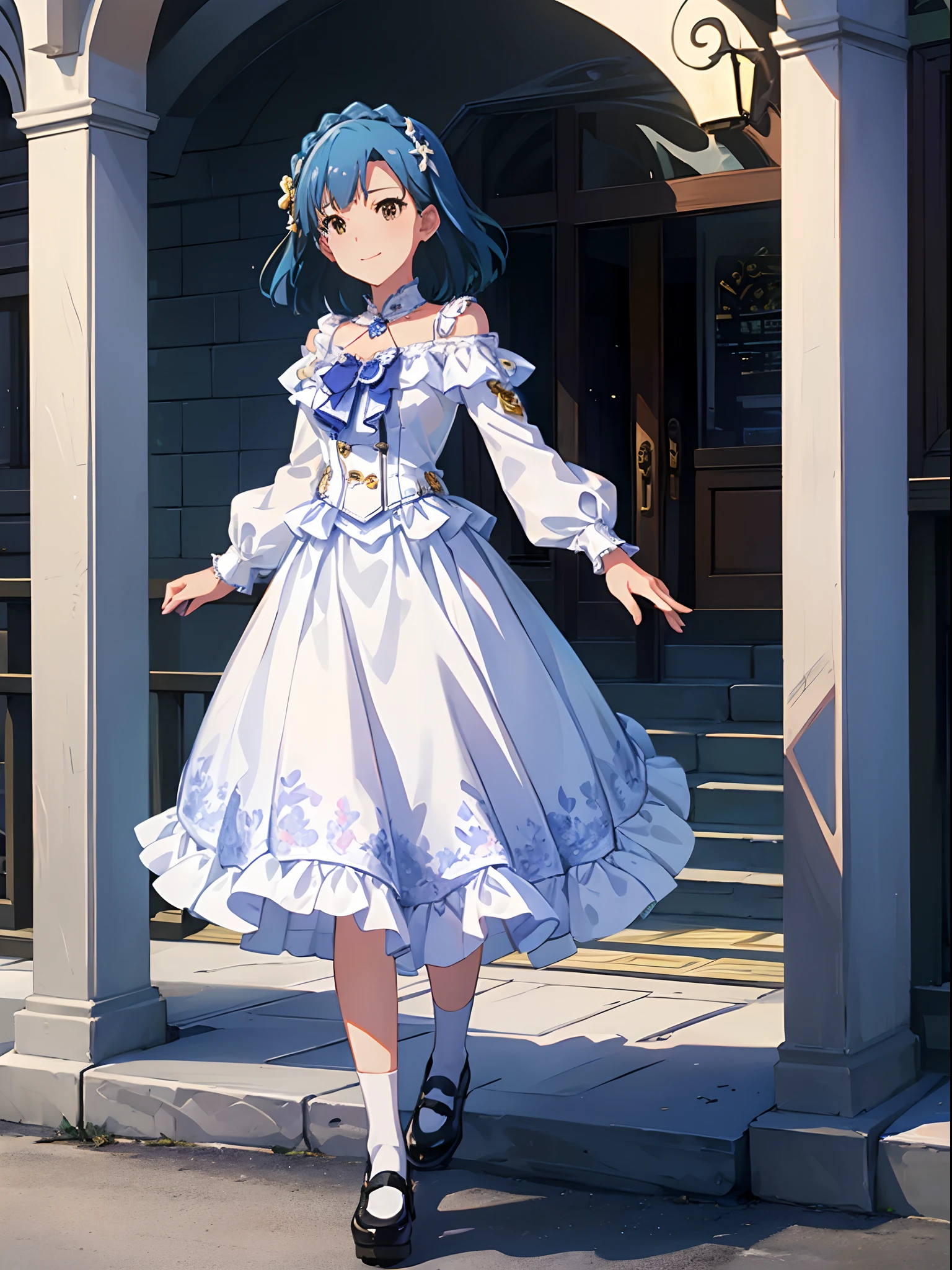 yuriko nanao (million live), 1 girl, Solo, Best Quality, masutepiece, 8K, High resolution, Ultra-detailed, standing, smile, (frilled blouse, white blouse, long sleeves, long skirt, white socks, black footwear,) (((outdoor, city,)))