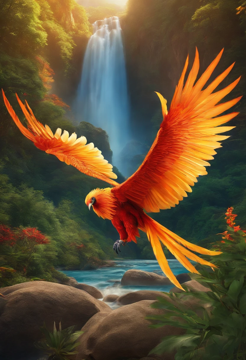 a phoenix bird soaring gracefully above a vibrant landscape in Indonesia, with its majestic wings spread wide, displaying intricate and colorful feathers. The vivid colors of the landscape radiate beauty and tranquility, showcasing the lush green forests, cascading waterfalls, and sparkling turquoise waters that surround the island. The bird's feathers are adorned with intricate patterns, shimmering with shades of gold, orange, and crimson, symbolizing its eternal and mythical nature. The sunlight streams through the clouds, casting a warm and ethereal glow upon the scenery, creating a captivating and otherworldly atmosphere. The phoenix bird's graceful flight is captured in exquisite detail, as its wings move gracefully through the air, leaving a trail of shimmering light in its wake. The image is of the highest quality, with ultra-detailed rendering and vibrant colors that bring the scene to life. The overall artistic style exhibits a perfect blend of realism and fantasy, combining the natural beauty of the landscape with the mystical allure of the phoenix bird. The color palette is rich and vibrant, with a warm and sunny tone that adds to the feeling of serenity and enchantment. The lighting in the image is skillfully executed, with soft and diffused light that accentuates the natural contours of the landscape and creates a sense of depth and dimension. The prompt encapsulates the awe-inspiring sight of a phoenix bird gracefully soaring above the breathtaking landscape of Indonesia, offering a glimpse into a world of fantasy and wonder.
