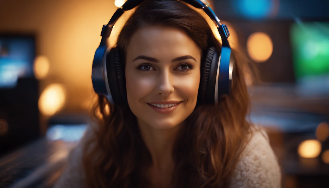 Create a realistic image. A 30-year-old girl, happy, colorful neon robotic style, small brown eyes, long brown hair. Wear headphones and work in computer, technological environment.