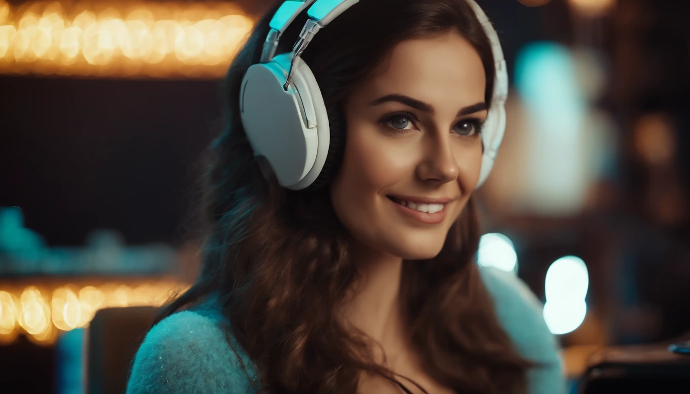 Create a realistic image. A 30-year-old girl, happy, colorful neon robotic style, small brown eyes, long brown hair. Wear headphones and work in computer, technological environment.
