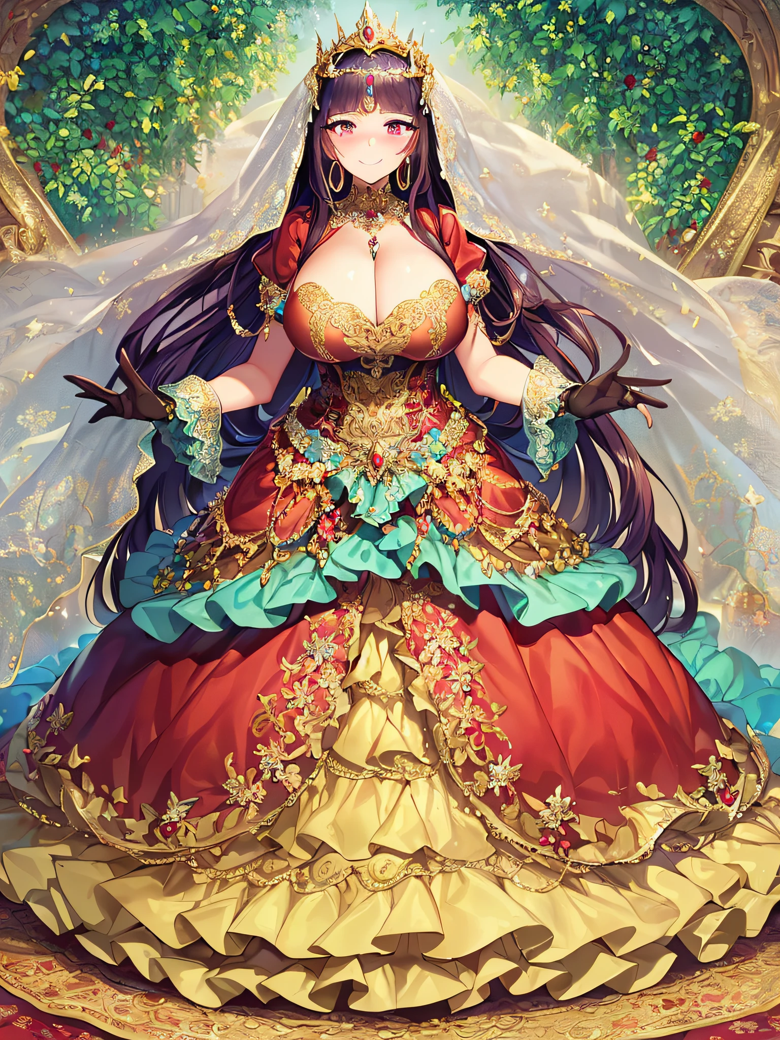 ((Anime Art Style)),(masutepiece),(Best Quality), (Super Detail),((Very delicate and beautiful)),((Full body portrait)),((Stand in the garden)),((Solo)),(((One princess in Gorgeous embroidery and jeweled very gorgeous princess Rococo ballgown with voluminous full length hoop skirt))),(enormous Crinoline Hoop Skirt),Long Train,Gorgeous embroidery and jewelry,(((very gigantic boobs,Skindentation))),((large amount of straight hair,extremely voluminous Hair,Very Long Straight Hair)),(finely detailed face and eyes),((Seductive smile,embarrassed)),(extremely gorgeousfull hair ornament,very gorgeous tiara adorned with bling-bling jewels),Glitter Gorgeous Gemstone Jewelry,Gorgeous Long Veil,(opera gloves),(Beautiful background),(Full body),((Gorgeous embroidery and jeweled gorgeous princess Rococo ballgown with voluminous full length hoop skirt)),