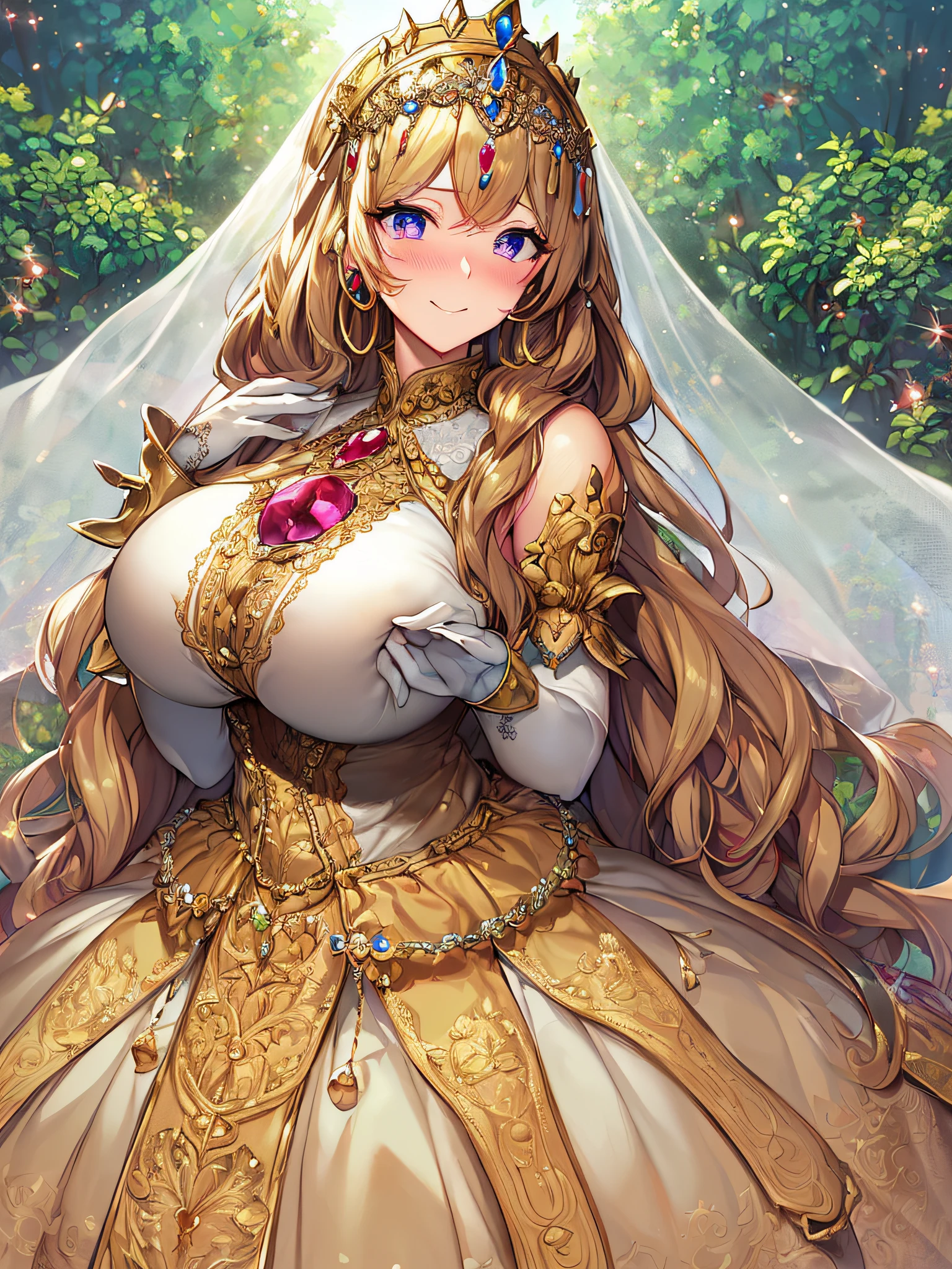 ((Anime Art Style)),(masutepiece),(Best Quality), (Super Detail),((Very delicate and beautiful)),((Full body portrait)),((Stand in the garden)),((Solo)),(((One princess in Gorgeous embroidery and jeweled very gorgeous princess Rococo ballgown with voluminous full length hoop skirt))),(enormous Crinoline Hoop Skirt),Long Train,Gorgeous embroidery and jewelry,(((very gigantic boobs,Skindentation))),((large amount of straight hair,extremely voluminous Hair,Very Long Straight Hair)),(finely detailed face and eyes),((Seductive smile,embarrassed)),(extremely gorgeousfull hair ornament,very gorgeous tiara adorned with bling-bling jewels),Glitter Gorgeous Gemstone Jewelry,Gorgeous Long Veil,(opera gloves),(Beautiful background),(Full body),((Gorgeous embroidery and jeweled gorgeous princess Rococo ballgown with voluminous full length hoop skirt)),
