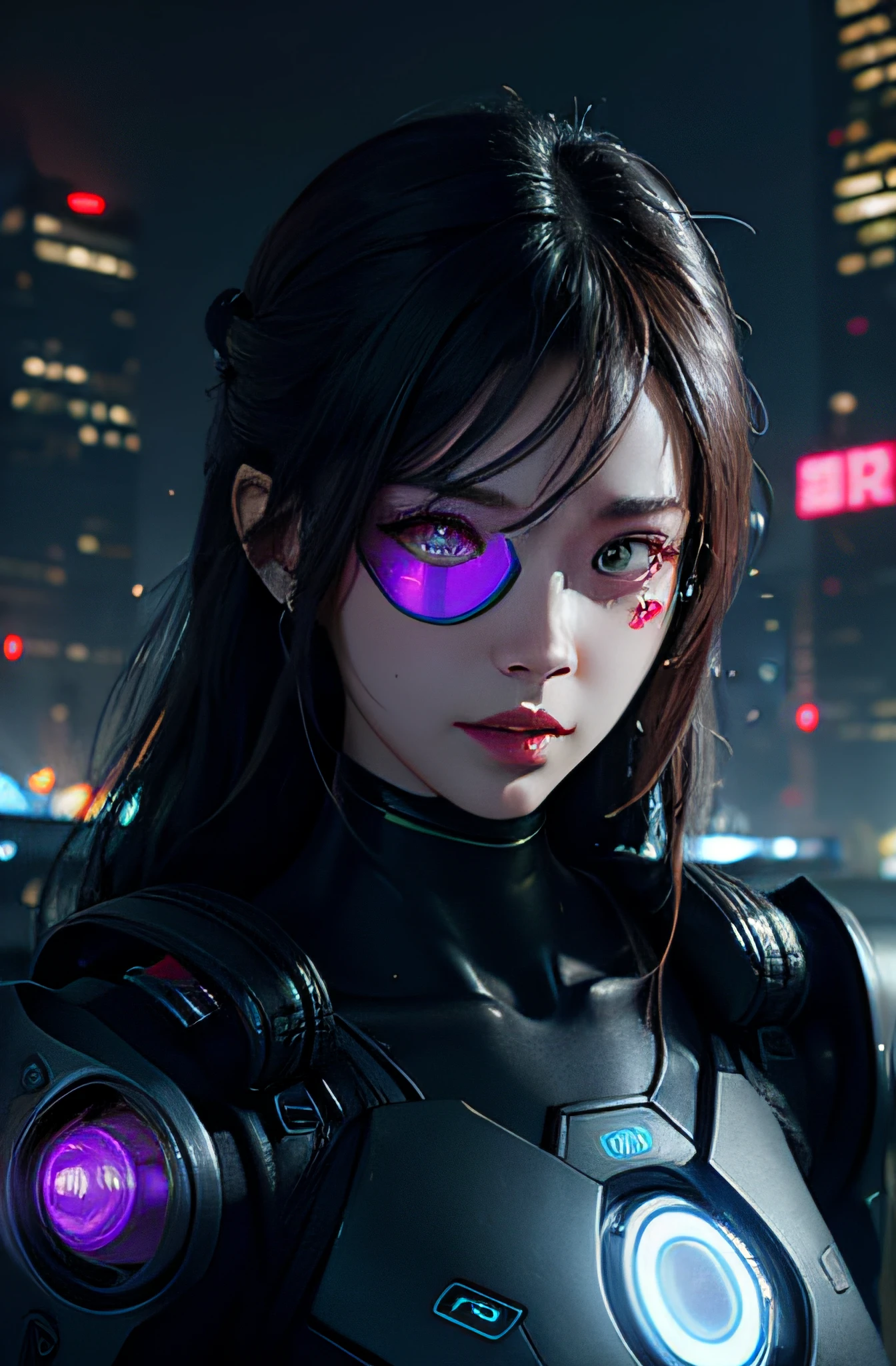 Glowing Cyber Goggles：1.3、Cyborg Eyes：1.4、Futuristic cityscape：1.5、Glamorous cyberpunk style：1.4、Advanced Technology Background：1.3