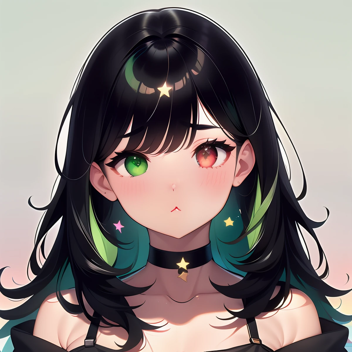 1girl,Star-shaped pupils,fingernails,hands on own face,black hair, right green eye, left brown eye,(blush:1.1),Star choker,upper body,heart,(speed lines:1.1),medium breasts, ((heavy breathing:1.3)), love, heart, tank top, yawn, green bangs, stars in hair, galaxy hair, heterochromia, celestial, looking at viewer